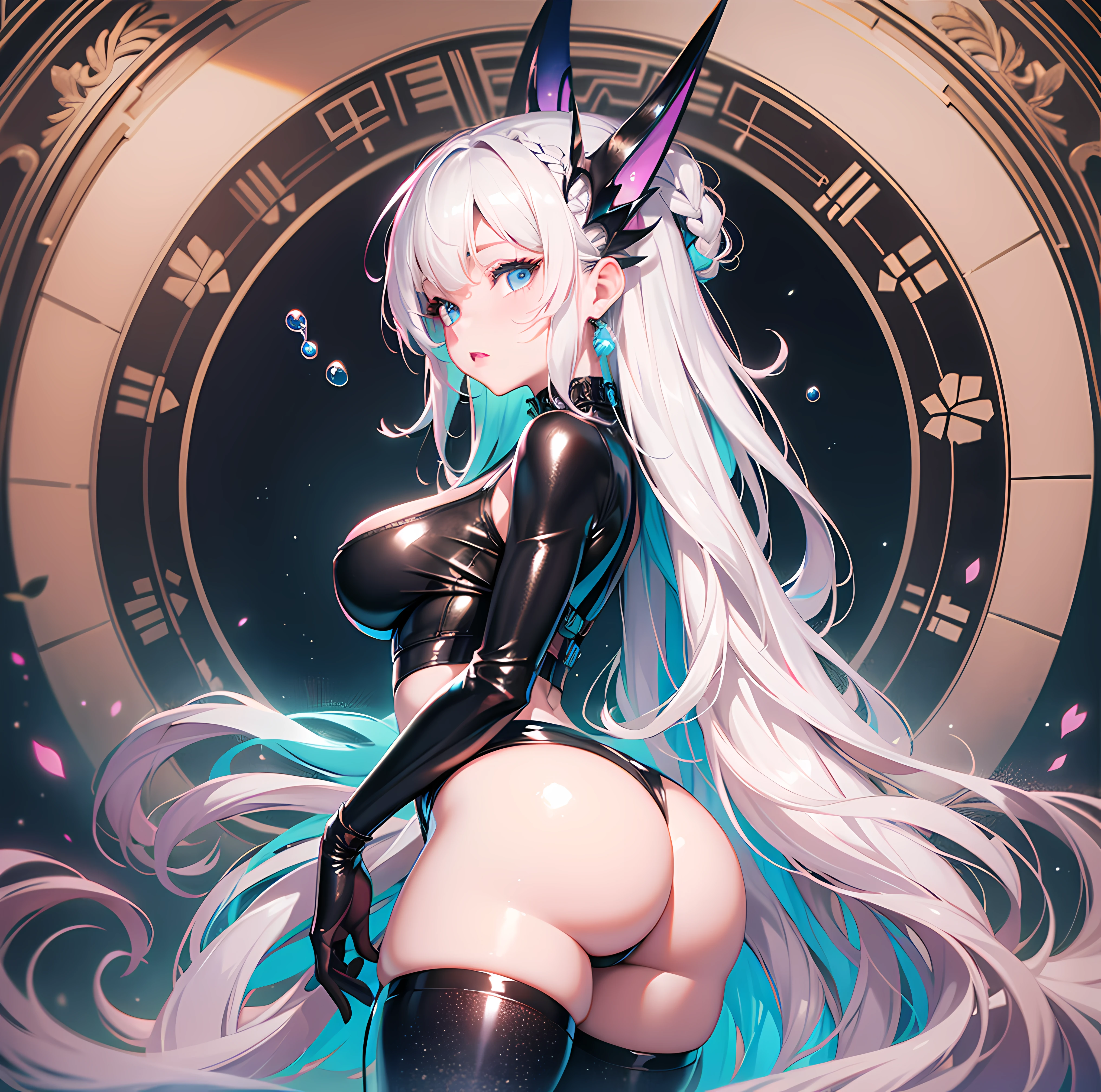 masterpiece, best quality, ultra HD, 8k, detailed anatomy, (shiny skin), fair skin, high contrast, big breasts:1.2), small waist, wide hips, bubble butt (hyper detailed thin doll-like shaped face), small pointy nose, full pouty lips, looking at viewer, Idol ((solo)) female focus, stable diffusion, (ethereal stunningly beautiful alien idol), celebrity, long platinum blonde hair (pastel multicolored, braided streaks) sharp blue ethereal pastel eyes, pastel pink latex crop top, pastel latex mini skirt, intricate details, fantastical, tetradic pastel colors, trending on artstation, vibrant pastel background, Cinematic lighting