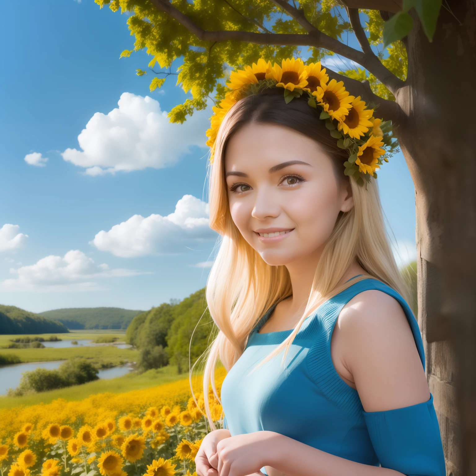 "In a magnificent blue sky adorned with majestic white clouds, there is a forest surrounded by lush greenery. Amongst this backdrop, filled with blooming sunflowers and a grand river, stands a young Ukrainian girl wearing traditional Ukrainian attire and a floral wreath. She is depicted from the waist up. With a confident smile of victory, the setting sun's rays reflect upon her cheeks, illuminating her face. Create a realistic image based on this description