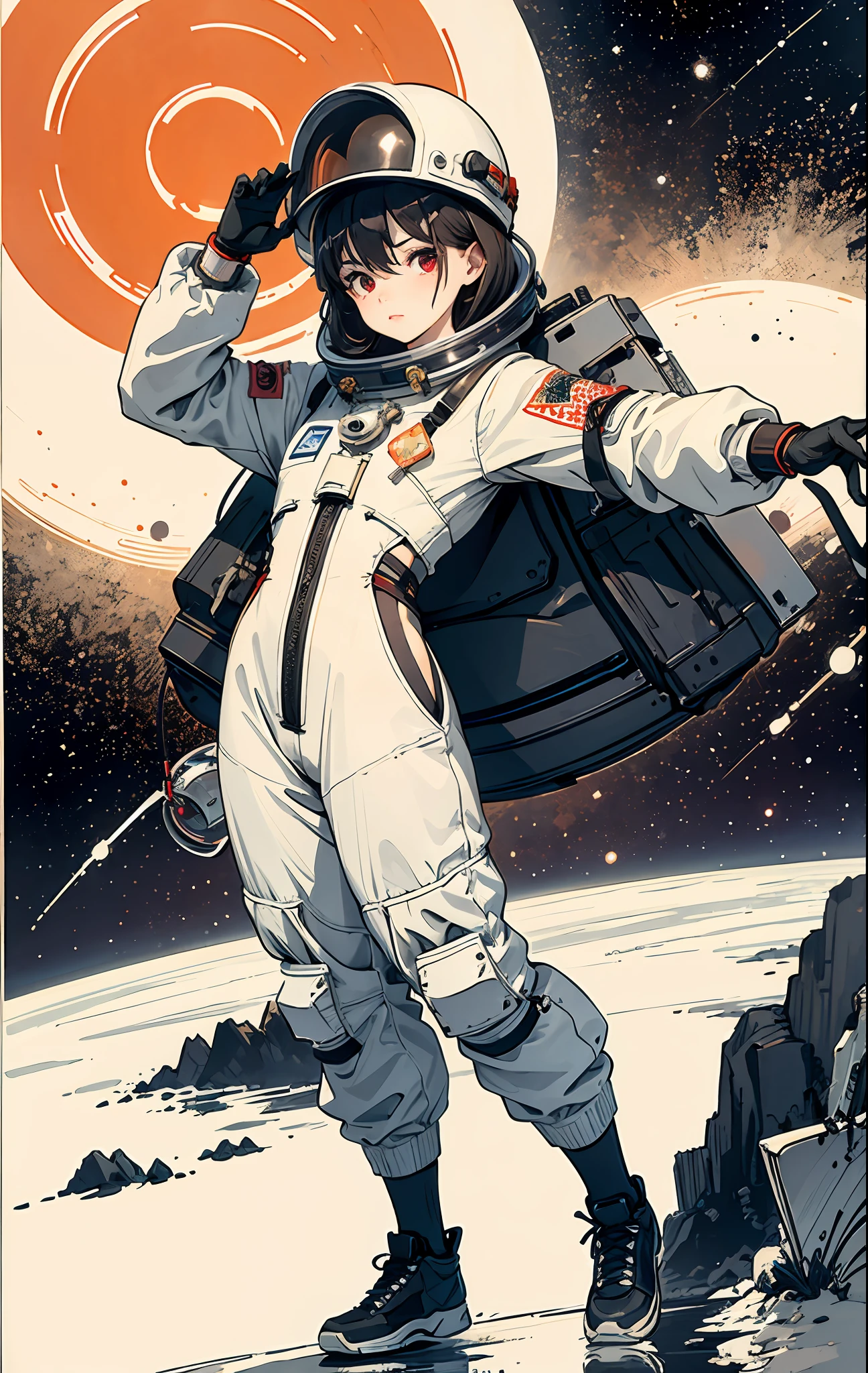 1girl, flat chested, cute, beautiful detailed eyes, shiny hair, visible through the hair, hair between the eyes, CCCPposter, sovietposter, red monochrome, Soviet poster, USSR, communism, black hair, red eyes, vampire ,girl,small breasts,spacesuit:Orange_clothing_body:jumpsuit ), white_gloves, white_space shoes, white_helmet, CCCP scarlet letters on the top of the helmet, weightlessness, Side light, reflection, the person in the spacesuit is at the bottom left of the picture, right hand outstretched, right hand Gently touch the Salyut space station), the space station in the upper right corner of the screen, the reflected light of the sun, silver metal, red flag, brilliance, Soviet style, diffuse reflection, metal texture, blue earth in the distance, mech style, star sea, high-profile, majestic