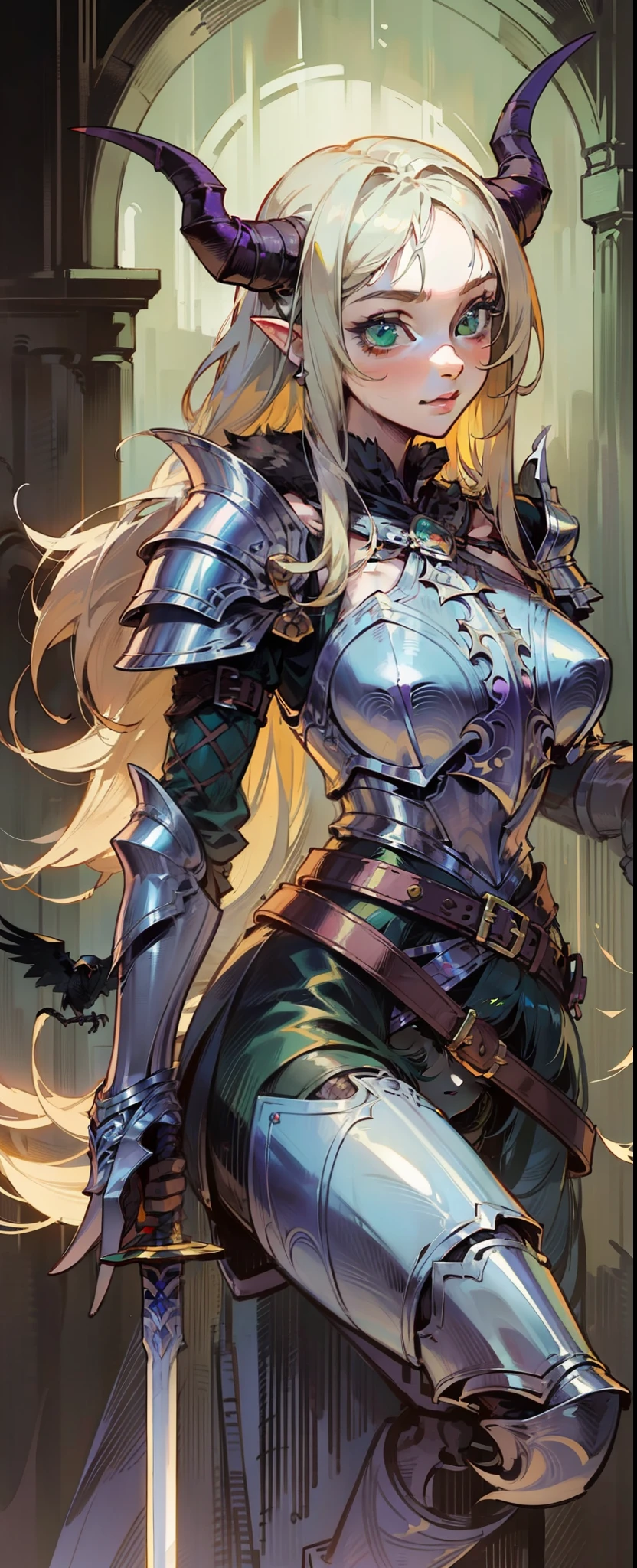 Best quality, masterpiece, ultra high res, (photorealistic:1.4), raw photo, 1girl, offshoulder, in the dark, deep shadow, low key, cold light, green eyes, ((horns)), very long hair, bangs, leather fantasy clothes, demon, big bust, cute face, full body, medieval , (((full body))), silver details, medieval clothes, detailed face, boots, (((magic sword))), shield, belt, bracelets, (((shoulder armor))), elegant, (((furr))), (((crow))), braided hair, silver ornaments, (((perfect face))), blonde hair, masterpiece
