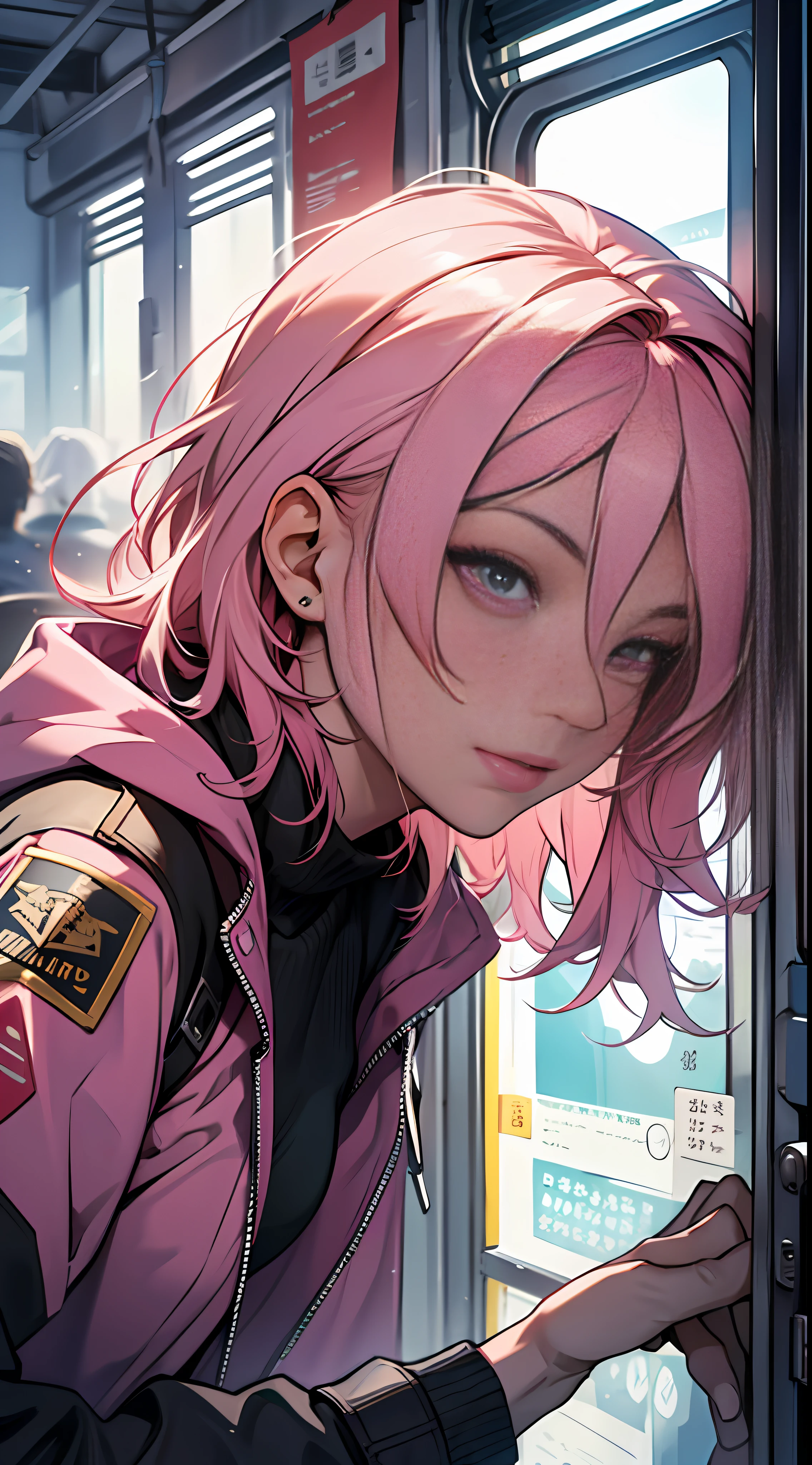 32K, Best quality, 巨作, Super detail, High details,A female captain with pink hair and a pink coat glanced at the list，No name found on it，ela（Long sigh of relief），Feel at ease，（The face is relaxed）came down。