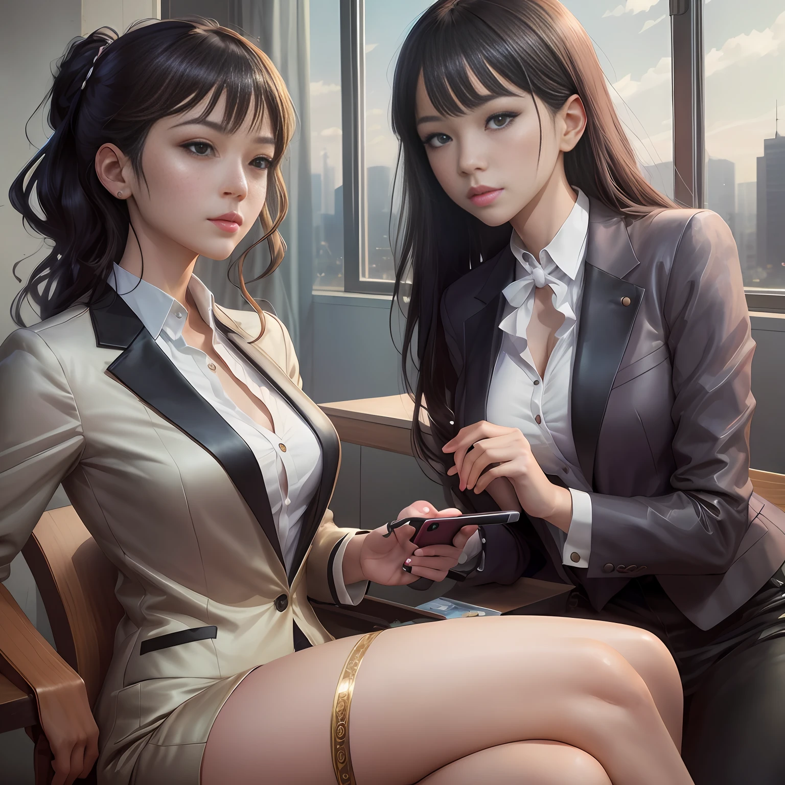 there are two women sitting on a bench looking at a cell phone, Ruan Jia and Artgerm, WLOP and Sakimichan, Range Murata and Artgerm, nixeu and sakimichan, two beautiful anime girls, trending on cgstation, Smooth anime CG art, masayoshi suto and artgerm