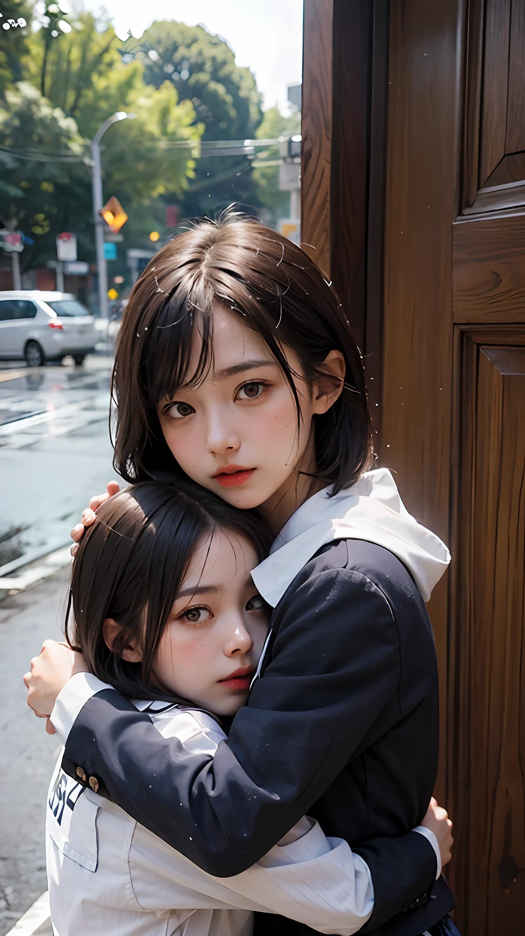 2lori, Uplifting, Blush, Sad look, Hug each other, School girl, Blazer, Wet, Rain, Ultra high quality, Ultra high details, Ultra high definition, Front of the door of the house