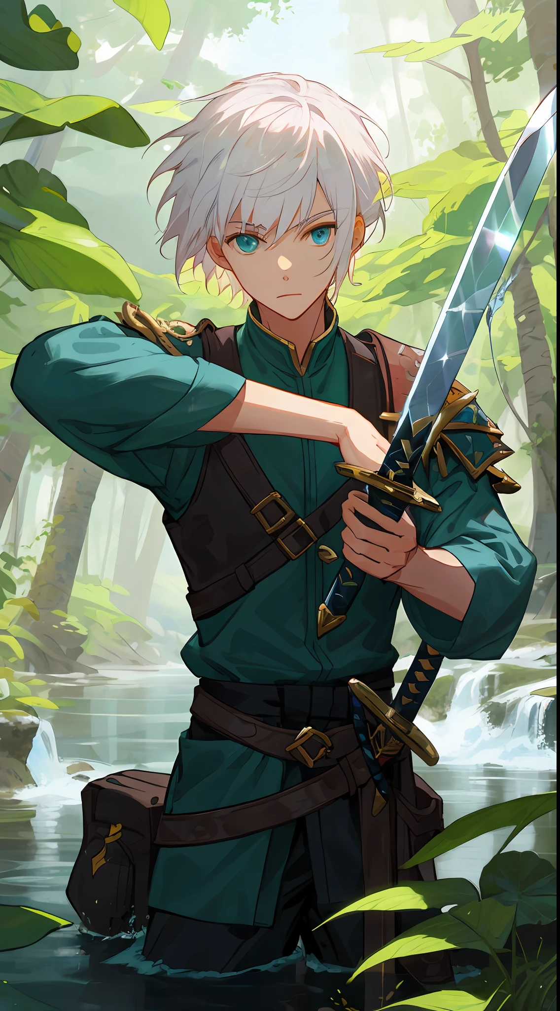 Very short hair, white haired man, wearing fantasy adventurer attire, with sword in his hand, looking at the camera, flowing water, forest background, water element, highly detailed artwork, masterpiece artwork