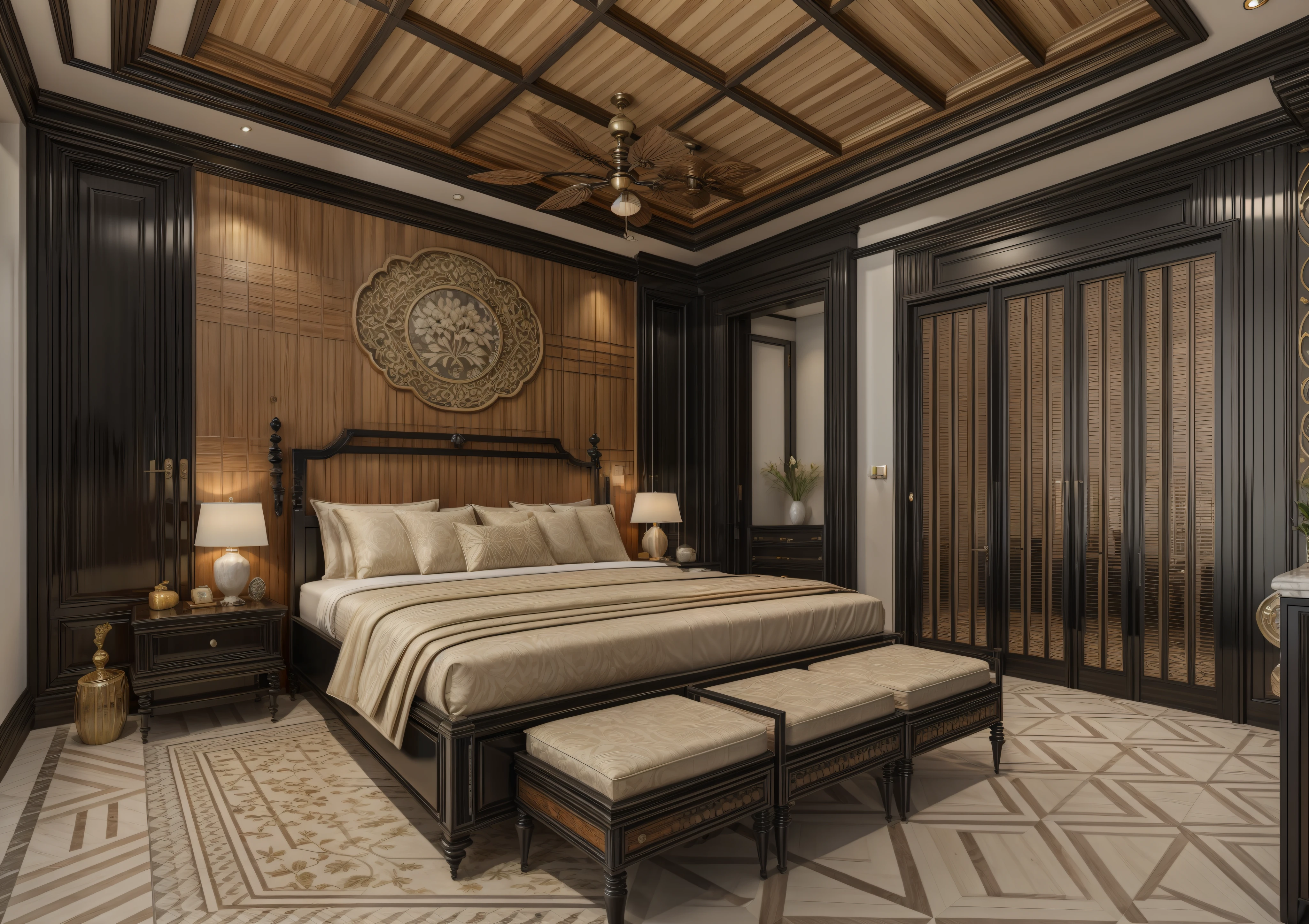 ((Best quality, 8k, Masterpiece :1.3)), Sharp focus :1.2, (Bedroom indochina BLACK Wood design: 1.3), (leaf door panel:1.1), (((black painted wooden furniture:1.1))), (photo realisstic: 1.2), (hyperdetails: 1.2), 1 chair, oriental classical pattern wall paneling, 1 classical altar, 2 ottomans, style cabinets Indochina, orange wall, indoor, indochina pano door, (Ceiling made of rattan and plasterboard), Stylized lotus pattern, stylized lotus-themed decorative painting, glossy marble floor,Round feather carpet, tiled floor with geometric pattern with border, bedside cabinet with curling iron pattern, Curved iron door, wooden frame door with panel made of wrought iron pattern combined with dó paper,   daylight, Unreal Engineer 8K, full HD 8K