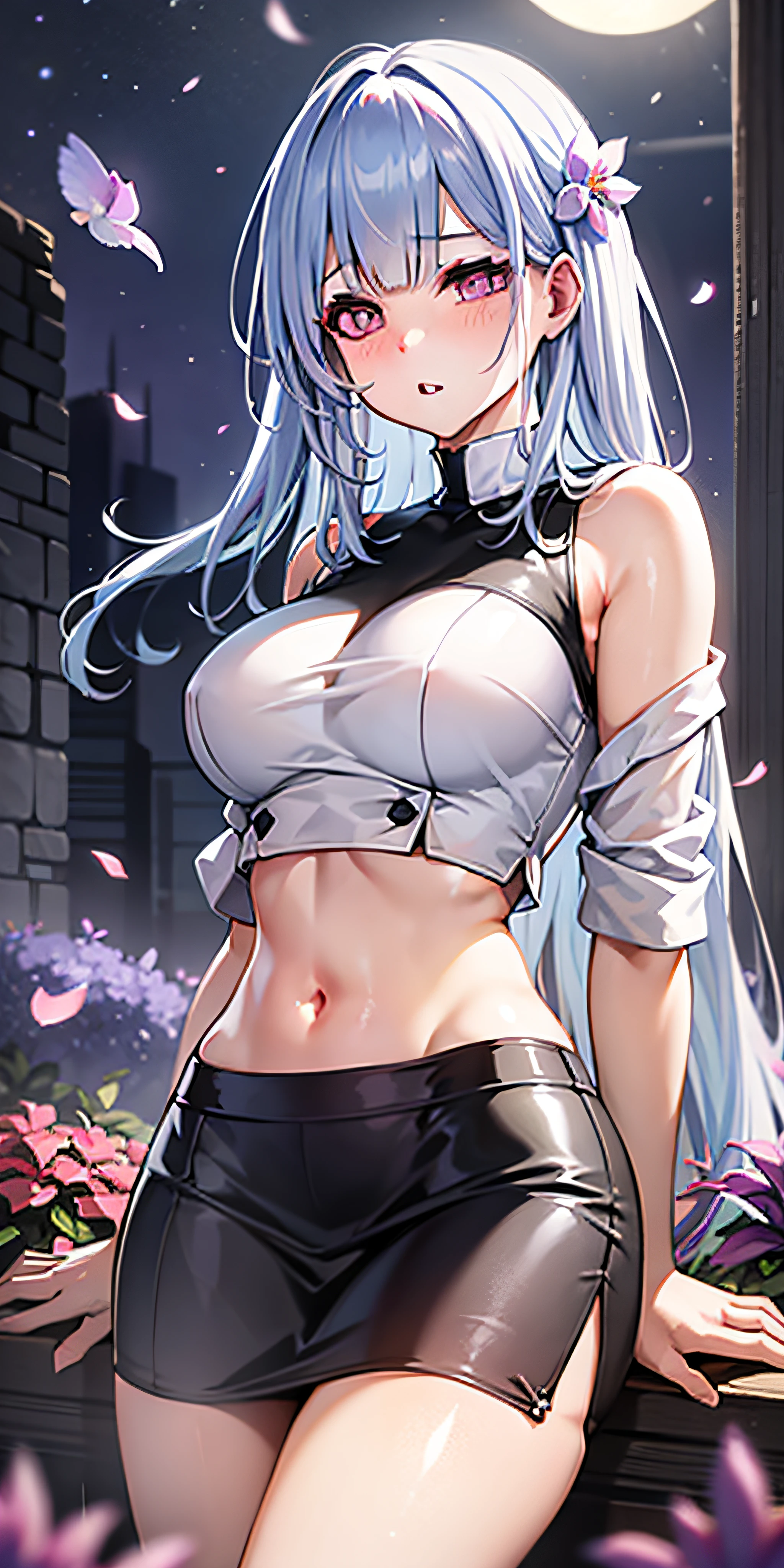 realistic, 1girl, white hair, purple eyes, glowing eyes, crop top, skirt, parted lips, blush, night, flowers, sun, sunlight,