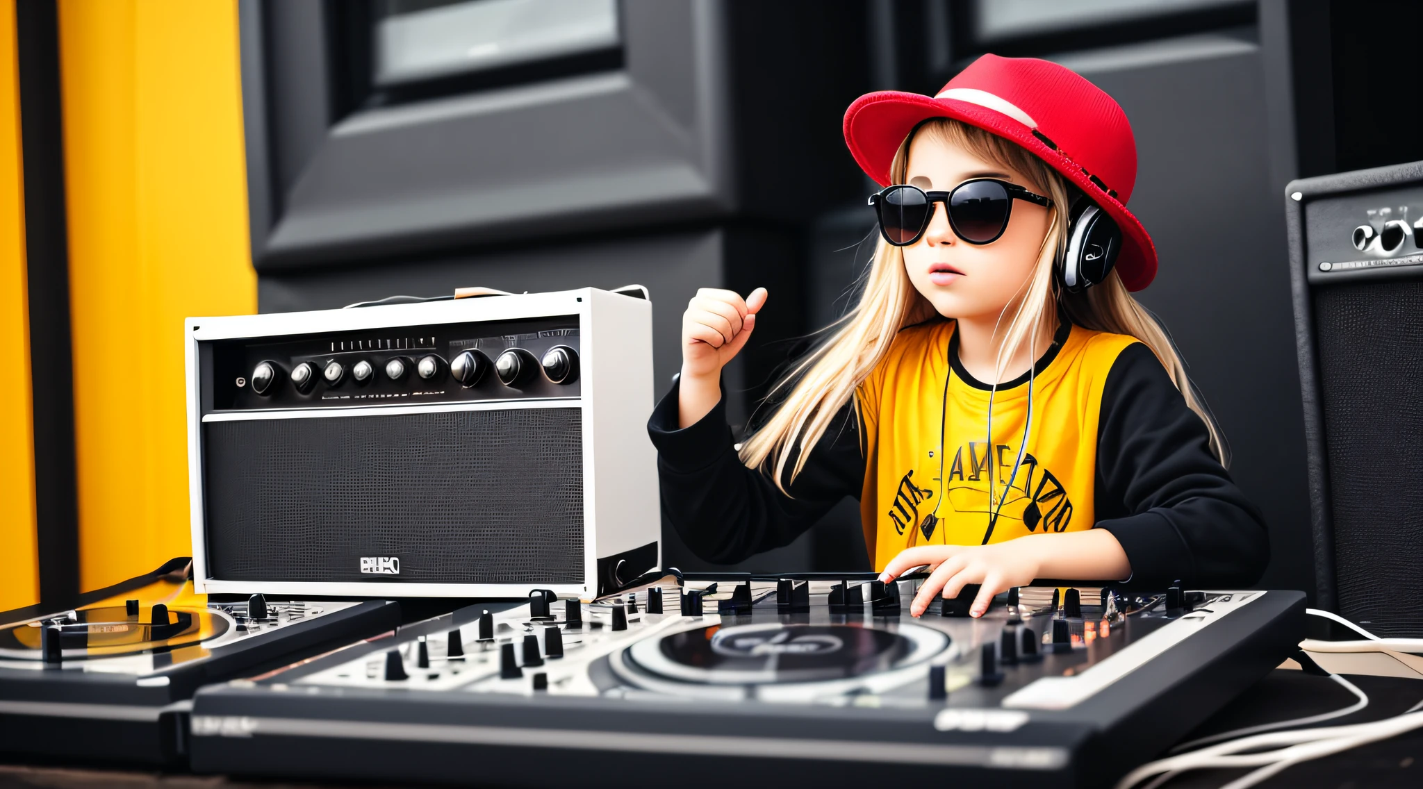 BLONDE CHILD LONG HAIR WEARING A HAT , Holding a boombox and pointing with your hand, Boombox, The Music Guy, blaster do gueto, em um fundo AMARELO, playing for music, em fundo AMARELO, DJ, imagem de muito baixa qualidade, red sunglasses and a guitar, Grande Gueto Blaster, com fones de ouvido, music is life, new music, vibrating with the music