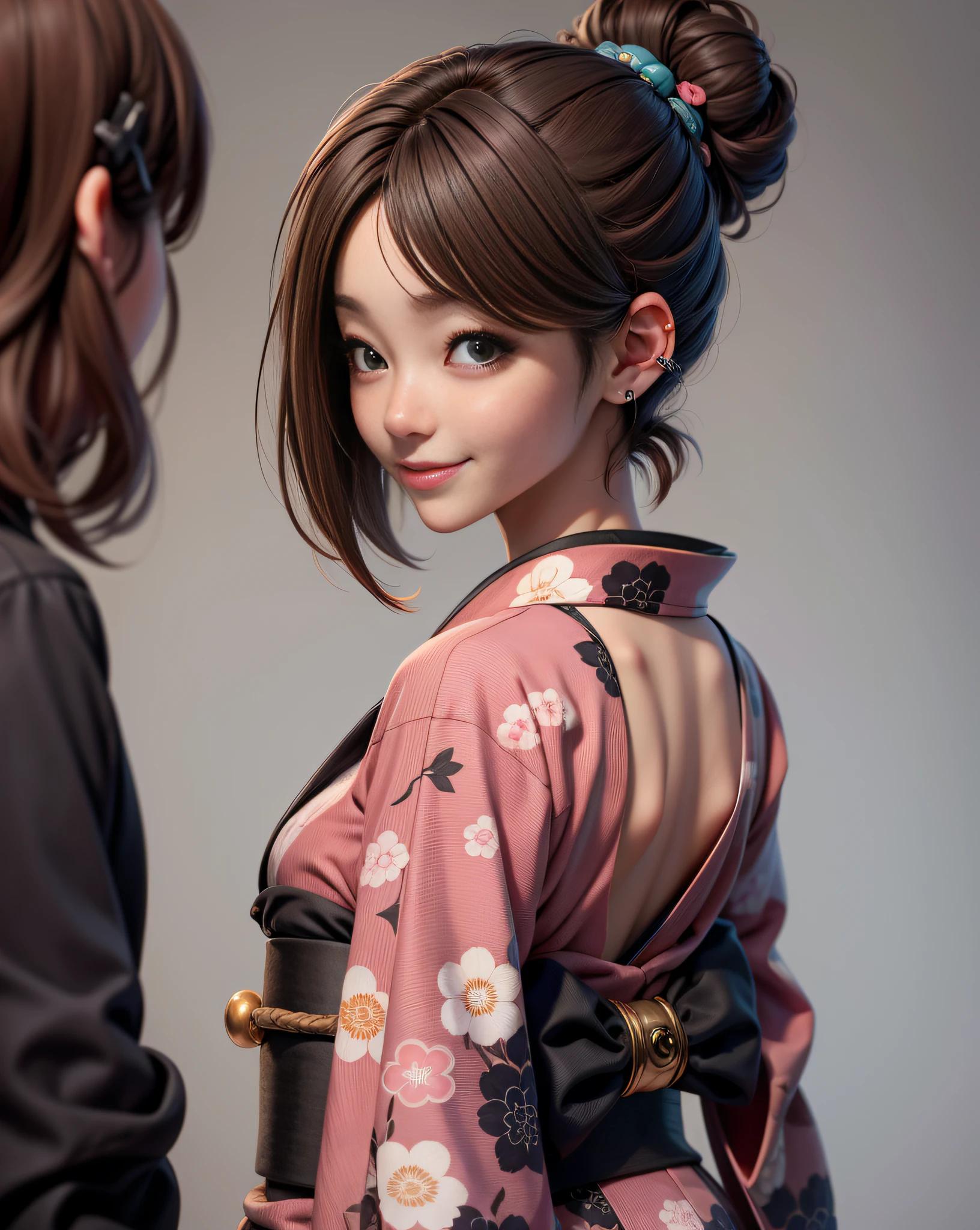 Upper body、Dutch Angle、Komono、Kimono、From behind、A smile、blush、short-haired、Hair bun,hair clips 、beste-Qualit, 独奏, Brown hair,Black eye, GothicC, Mole, newyork