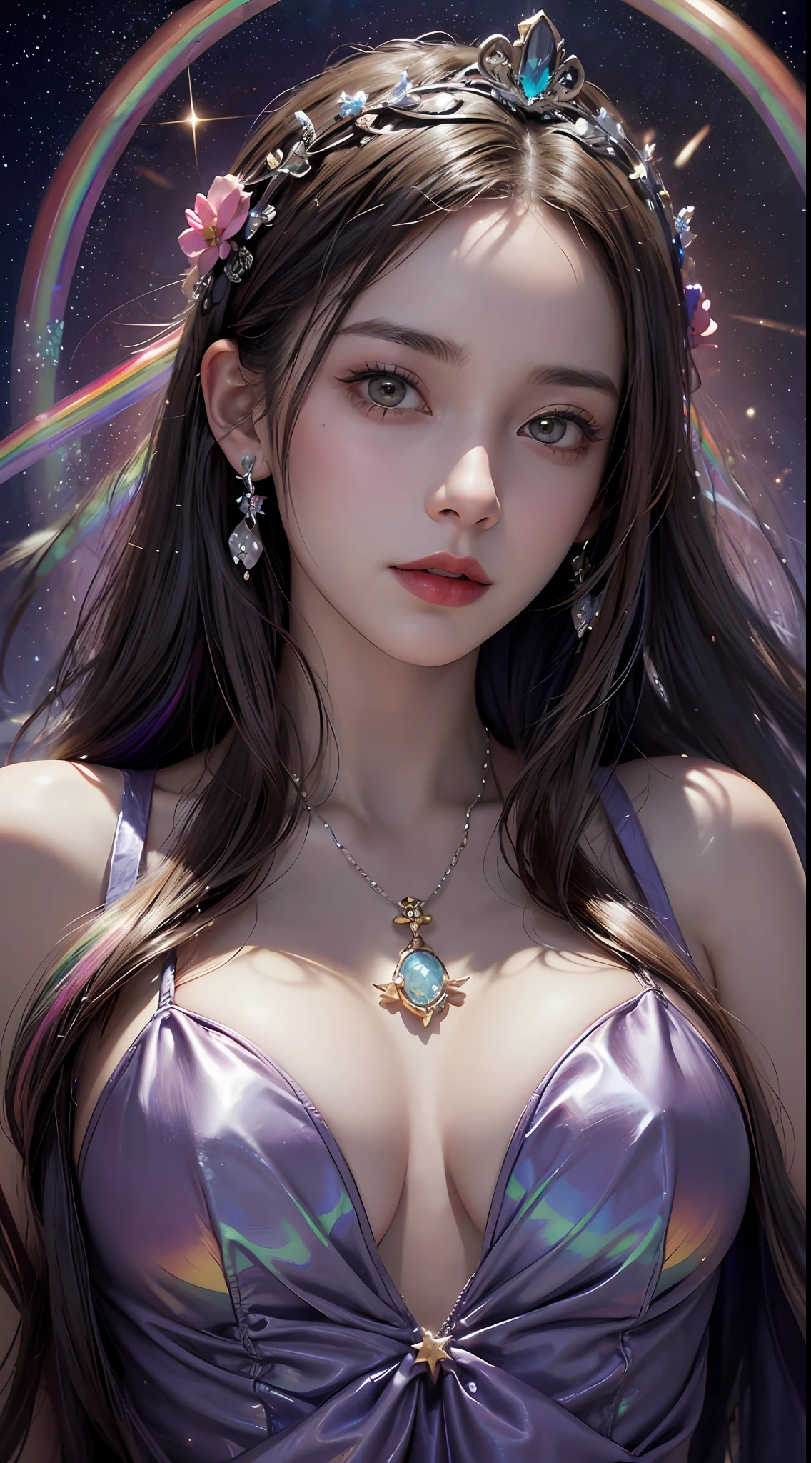 1 27-year-old girl, 1 zodiac goddess from the future, 12 zodiac goddess pink purple, 12 zodiac goddess face  thin yellow nightgown, long thin nightgown 12 zodiac many limbs  black lace detail, mythical goddess of the 12 zodiacs from the future, zodiac ♏, luxurious glittering zodiac style, dark and mysterious version, zodiac crown, lipstick red lips, thin and pretty lips, don't smile, keep your mouth shut, characters created by karol bak and pino daeni, intricate detail, detailed background, extremely detailed, light magic, a woman, clear face, looking at the upper body of the goddess of the zodiac, round , big and round , phoenix hair brooch, long hair with bangs, (Long hair has 7 colors like rainbow:1.9), beautiful detailed face and well-proportioned eyes, (transparent yellow eyes: 1.8), big round eyes and very beautiful and detailed makeup, visionary, long silk nightgown, mysterious makeup, Bracelets, side bangs and dye pale yellow, upper body, (zodiac goddess upper body: 1.8), drooping arms, Realistic and vivid photo, (stars that make up the zodiac: 1.7), ( sky zodiac and fictitious space and time portal: 1.8), fiction art, RAW photo, hanfu photo, best photo , high_res, best quality, best photo, 8k quality, 8k ultra , surrealism, the most economical real photo, artistic portrait of 12 zodiac signs, 1 symbol of 12 zodiac signs behind, single portrait of 12 zodiac goddess, The most realistic color scheme, best photo color, masterpiece, hair ornament, necklace, jewelry, Beautiful face, upper body, tyndall effect, photo realistic, dark studio, border light, two tone light, (detailed skin) high: 1.2), 8k uhd, dslr, soft light, high quality, volumetric light, candid, Photo, high resolution, 4k quality, 8k, Bokeh, Smooth and sharp, pixel up 10 times, Charming zodiac goddess,  zodiac goddess, (background space: 1.8), (galaxy: 1.7), aurora, lightning, (Aurora Background: 1.8) <lora:locon_perfecteyes_v1_from_v1_, beautiful goddess and flowers,