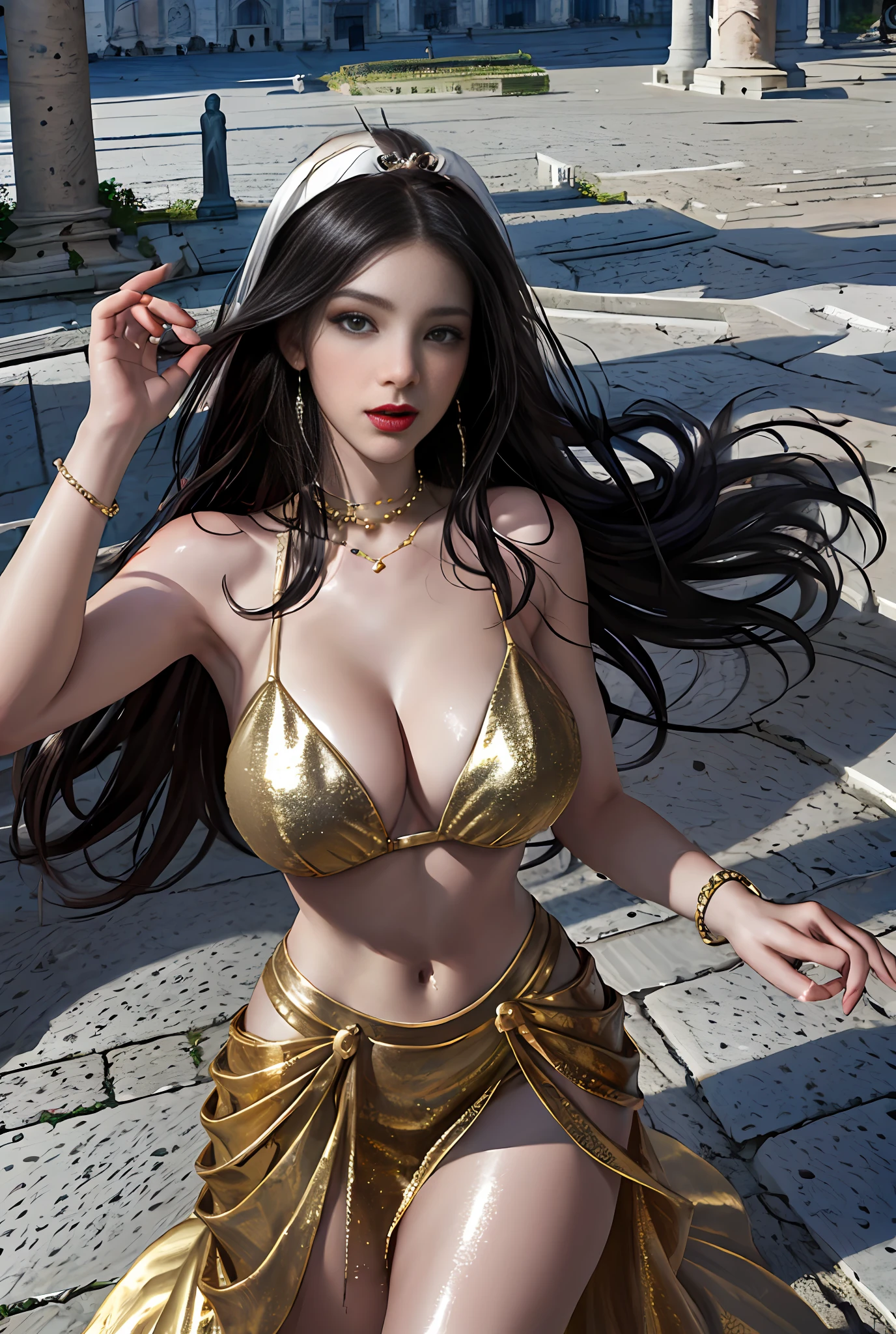 (巨作, Best quality, Realistic),
1girl huge large breasts,(on the St. Peter's Square of Vatican,crowd of), st. Peter's Square of Vatican background,gypsy dress,(Princess Eyes,shiny pupils),Dancing,  Gold, banquet, crowd of, picking up skirt,
[Slight smile],