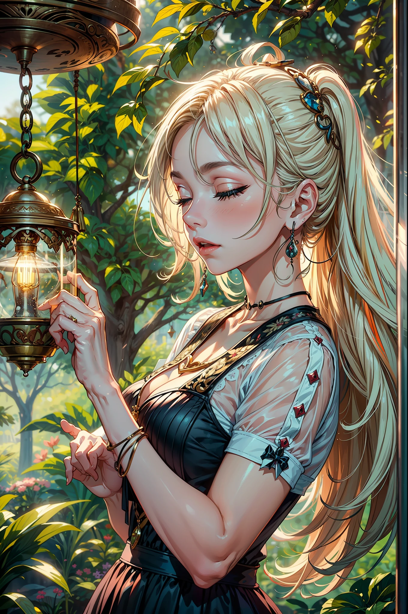 In a quaint garden, a (mature woman:1.5) admired a delicate wind chime swaying in the gentle breeze. Its tinkling melody echoed through the air, enchanting her senses. Mesmerized by the chime's harmonious dance, her heart soared with every musical note. As she closed her eyes, she could almost feel the whispers of the wind carrying her dreams and aspirations. In that moment, the wind chime became a symbol of hope and inspiration, reminding her to embrace life's melodies and find joy in the simplest of moments, two tone lighting, dynamic lighting