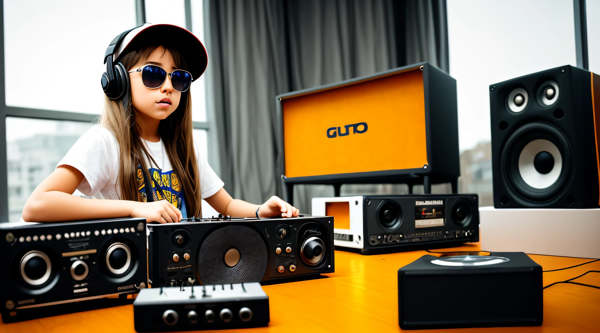 BLONDE CHILD LONG HAIR WEARING A HAT , Holding a boombox and pointing with your hand, Boombox, The Music Guy, blaster do gueto, em um fundo AMARELO, playing for music, em fundo AMARELO, DJ, imagem de muito baixa qualidade, red sunglasses and a guitar, Grande Gueto Blaster, com fones de ouvido, music is life, new music, vibrating with the music
