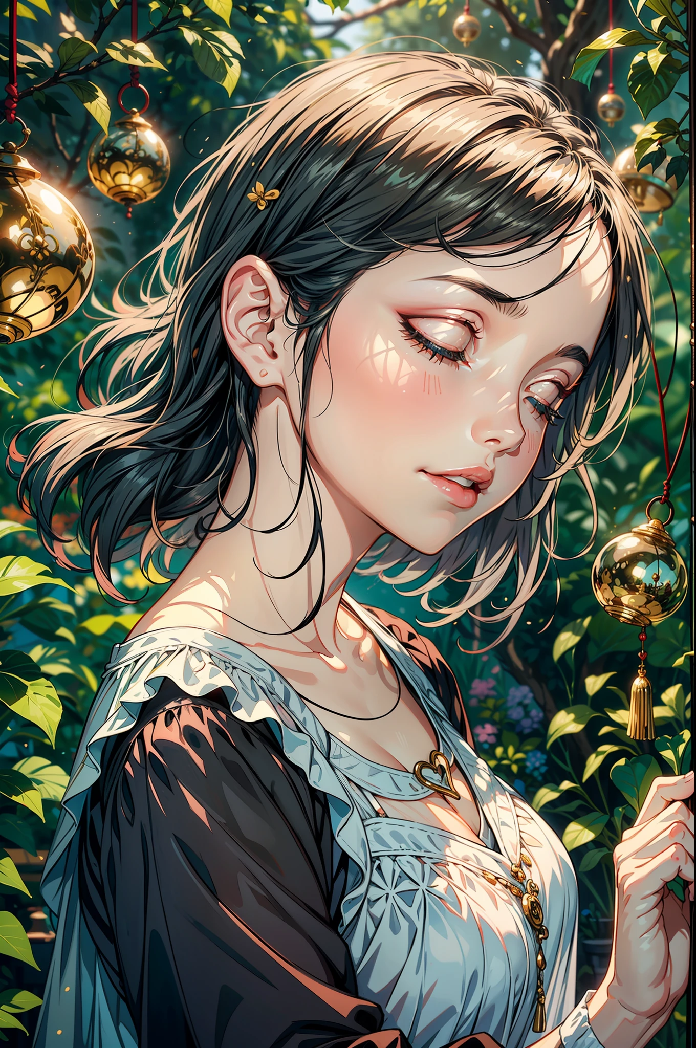 (AS-Adult:1.3), In a quaint garden, a (mature woman:1.3) admired a delicate wind chime swaying in the gentle breeze. Its tinkling melody echoed through the air, enchanting her senses. Mesmerized by the chime's harmonious dance, woman's heart soared with every musical note. As she closed her eyes, she could almost feel the whispers of the wind carrying her dreams and aspirations. In that moment, the wind chime became a symbol of hope and inspiration, reminding the woman to embrace life's melodies and find joy in the simplest of moments, two tone lighting, dynamic lighting