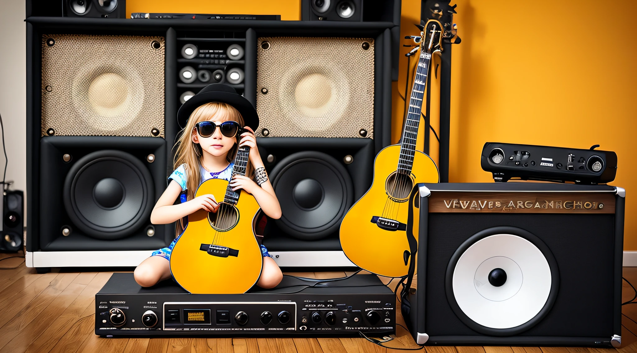 mENINA BLONDE CHILD LONG HAIR WEARING A HAT , Holding a boombox and pointing with your hand, Boombox, The Music Guy, blaster do gueto, em um fundo AMARELO, playing for music, em fundo AMARELO, DJ, imagem de muito baixa qualidade, red sunglasses and a guitar, Grande Gueto Blaster, com fones de ouvido, music is life, new music, vibrating with the music