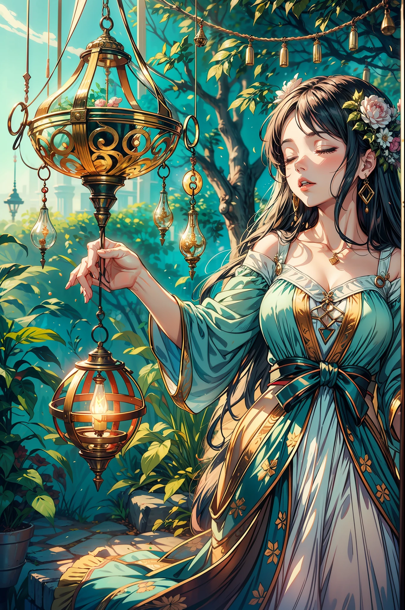 In a quaint garden, a (mature woman:1.3) admired a delicate wind chime swaying in the gentle breeze. Its tinkling melody echoed through the air, enchanting her senses. Mesmerized by the chime's harmonious dance, woman's heart soared with every musical note. As she closed her eyes, she could almost feel the whispers of the wind carrying her dreams and aspirations. In that moment, the wind chime became a symbol of hope and inspiration, reminding the woman to embrace life's melodies and find joy in the simplest of moments, two tone lighting, dynamic lighting