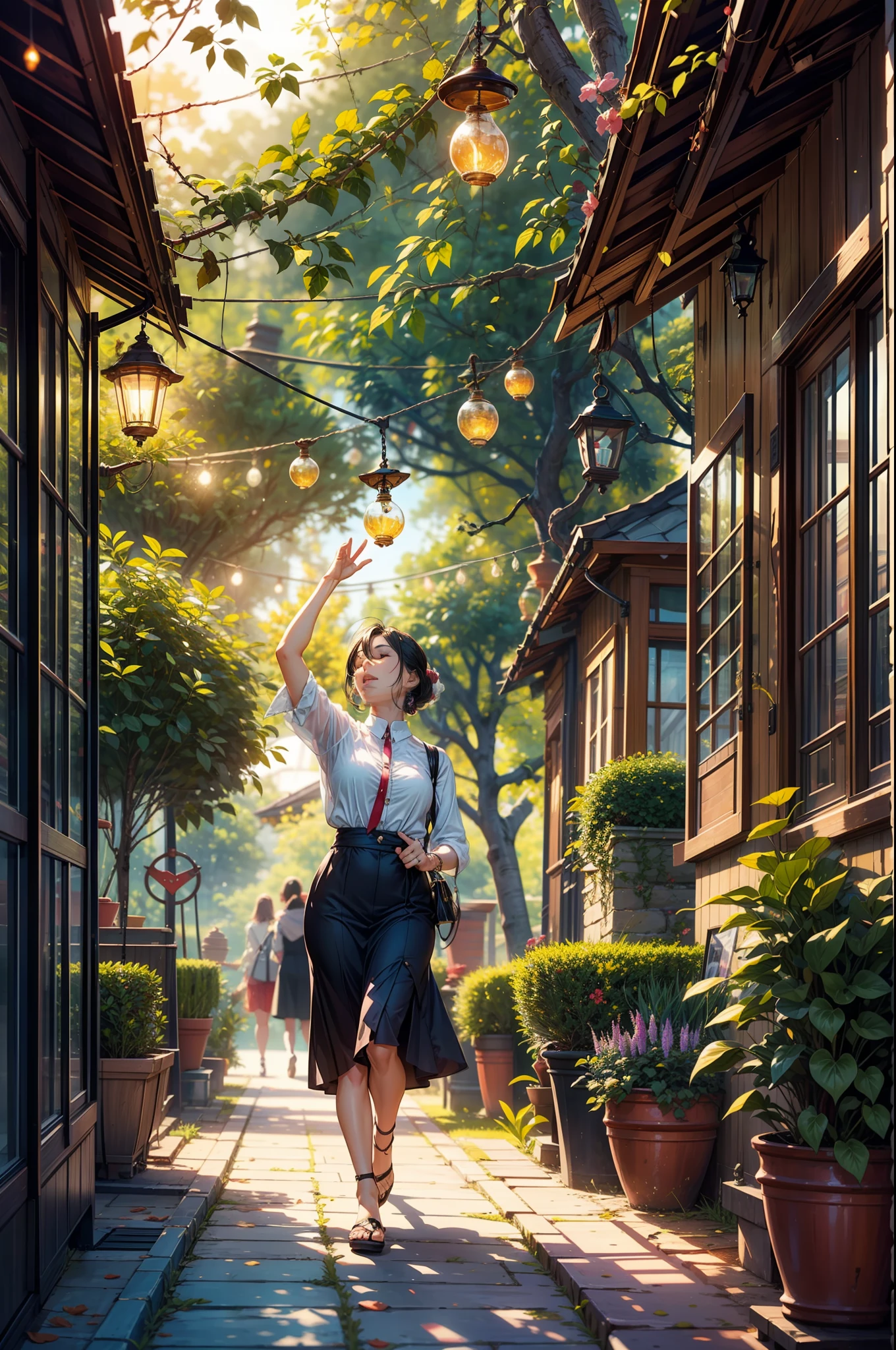 In a quaint garden, a (mature woman:1.3) admired a delicate wind chime swaying in the gentle breeze. Its tinkling melody echoed through the air, enchanting her senses. Mesmerized by the chime's harmonious dance, woman's heart soared with every musical note. As she closed her eyes, she could almost feel the whispers of the wind carrying her dreams and aspirations. In that moment, the wind chime became a symbol of hope and inspiration, reminding the woman to embrace life's melodies and find joy in the simplest of moments, two tone lighting, dynamic lighting