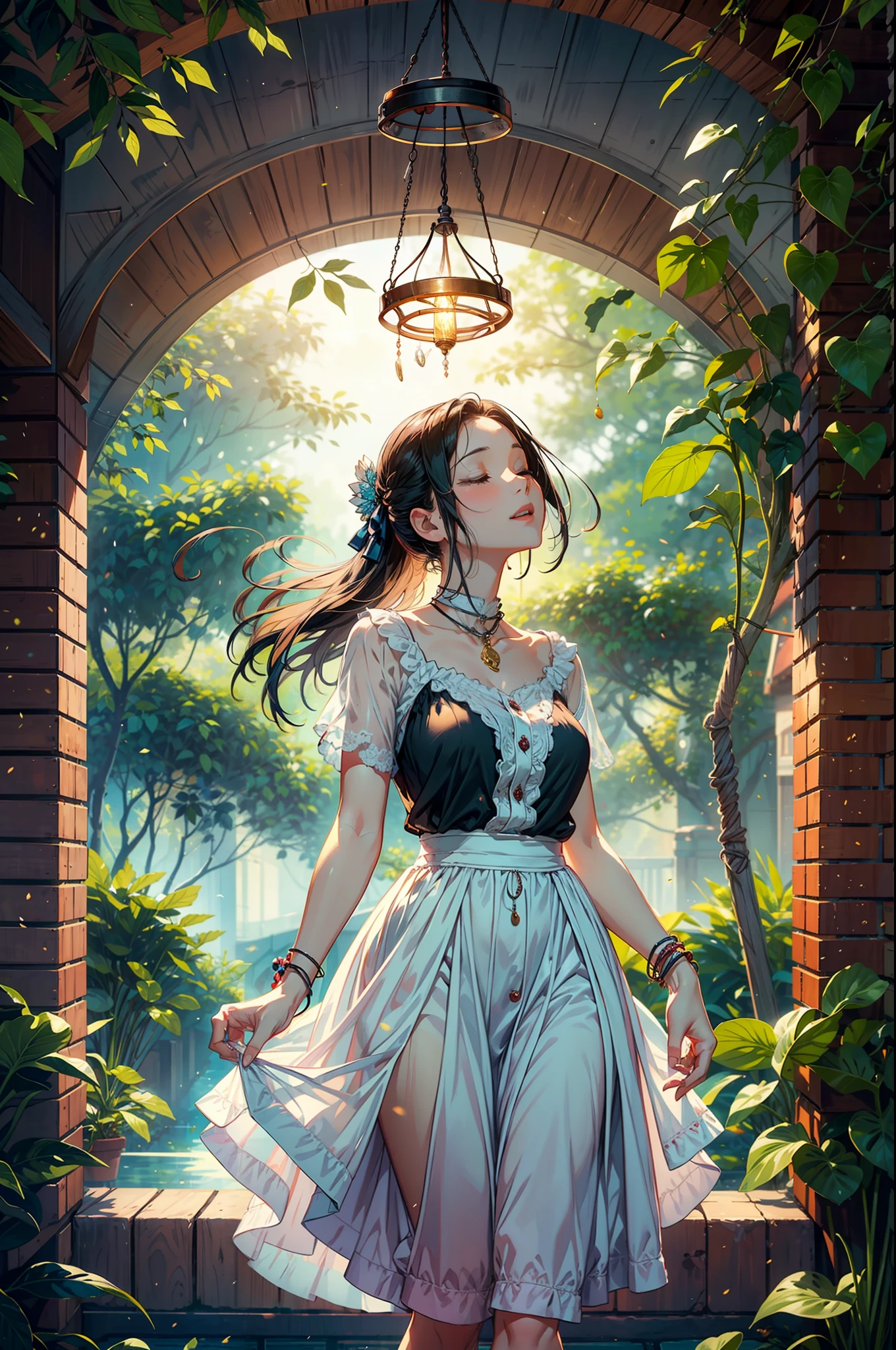 In a quaint garden, a (mature woman:1.3) admired a delicate wind chime swaying in the gentle breeze. Its tinkling melody echoed through the air, enchanting her senses. Mesmerized by the chime's harmonious dance, woman's heart soared with every musical note. As she closed her eyes, she could almost feel the whispers of the wind carrying her dreams and aspirations. In that moment, the wind chime became a symbol of hope and inspiration, reminding the woman to embrace life's melodies and find joy in the simplest of moments, two tone lighting, dynamic lighting