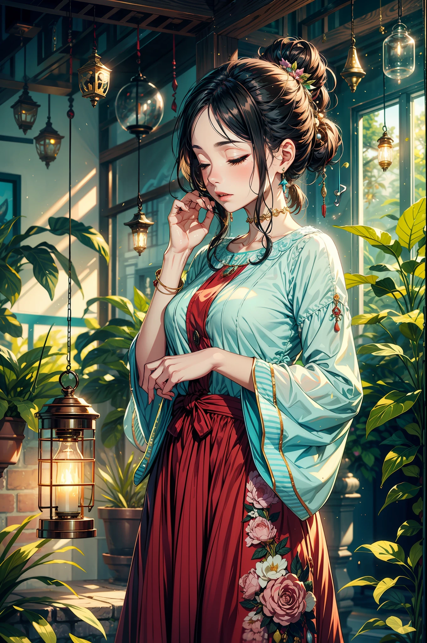 In a quaint garden, a mature woman admired a delicate wind chime swaying in the gentle breeze. Its tinkling melody echoed through the air, enchanting her senses. Mesmerized by the chime's harmonious dance, woman's heart soared with every musical note. As she closed her eyes, she could almost feel the whispers of the wind carrying her dreams and aspirations. In that moment, the wind chime became a symbol of hope and inspiration, reminding the woman to embrace life's melodies and find joy in the simplest of moments, two tone lighting, dynamic lighting