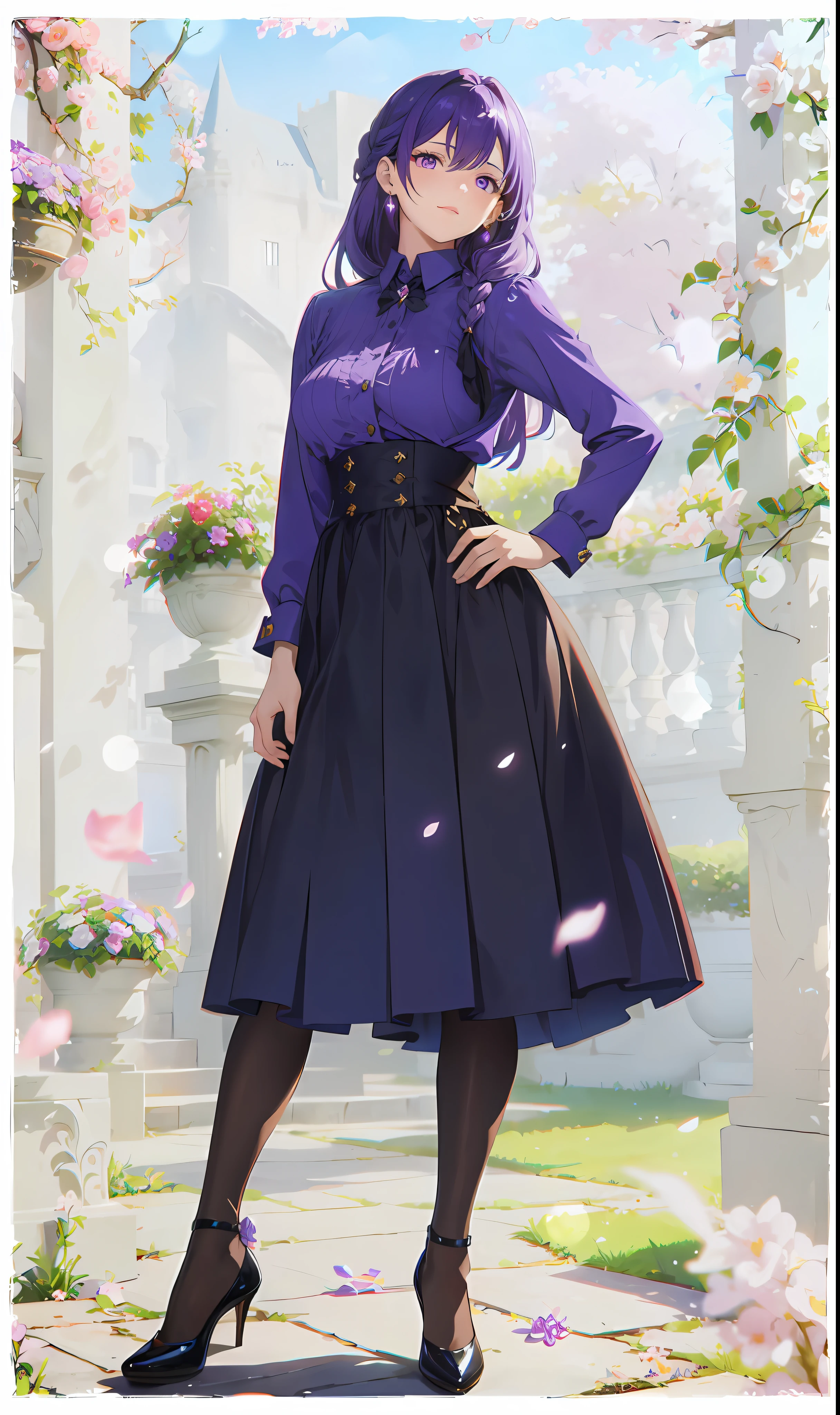 arafed image of a woman in a purple shirt and black skirt, anime style like fate/stay night, astral witch clothes, violet and black, fantasy style clothing, Guviz-style artwork, dark purple garments, fantasyoutfit, digital art of an elegant, Guviz, clothing design, imperial royal elegant clothing, made with anime painter studio