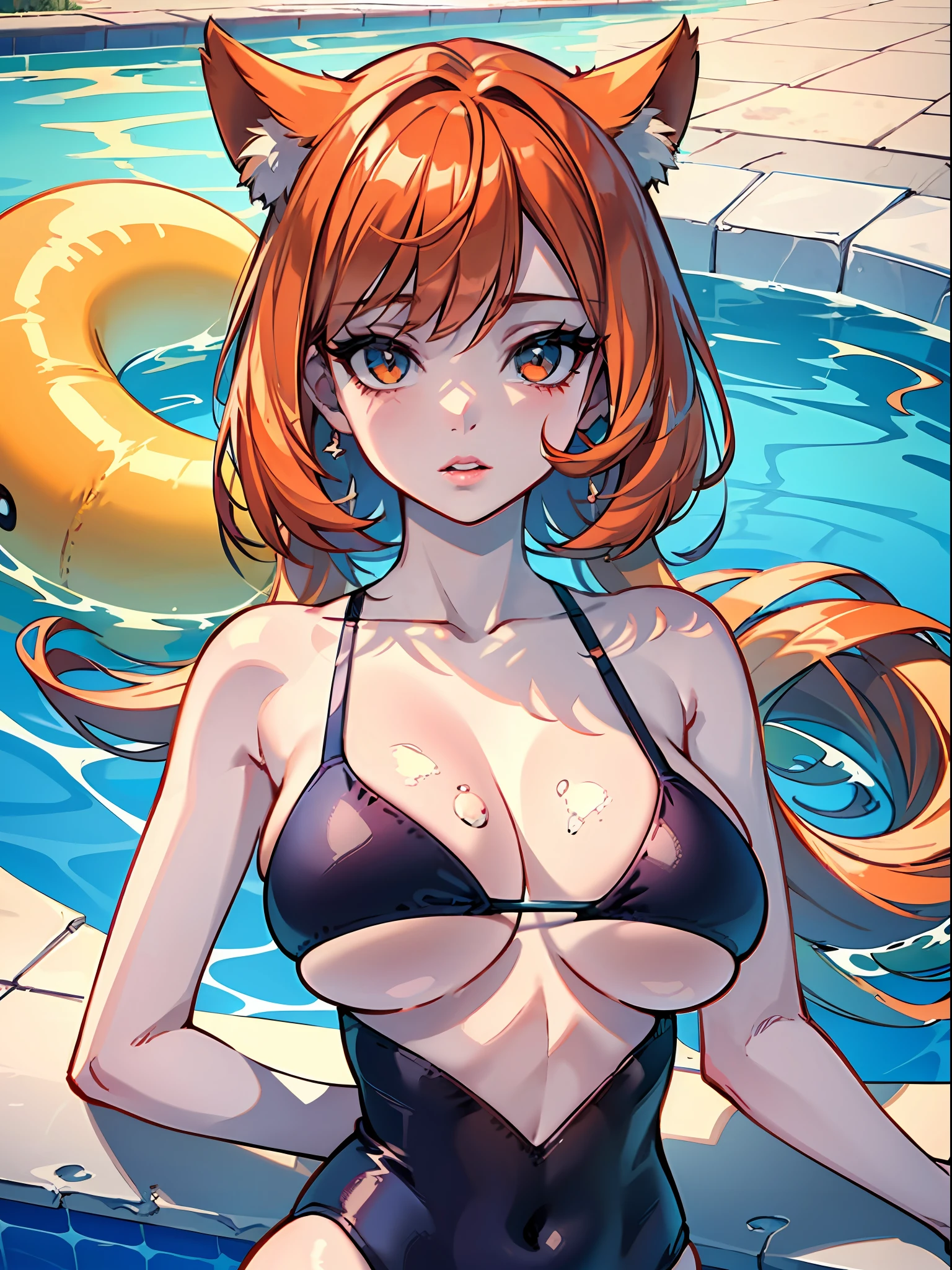 a masterpiece of, hight clarity, hightquality, Detailed face, detailed body render, 1girl huge large breasts, 独奏, Upper body body,Tight swimsuit,By the pool,nasse,Long orange hair, Moisturize lips,No bras, breasts out,Be red in the face,embarressed