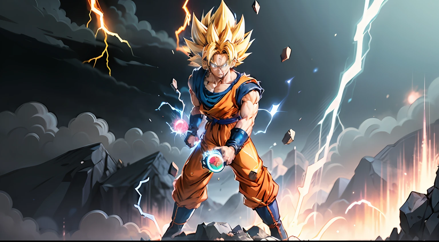 Super Saiyan Goku releases a huge surge of energy while standing on top of a mountain, The surroundings are full of lush vegetation and the sky is a mix of orange and purple hues. The energy wave is bright golden with electric sparks around it. (anime:1.2), (dramatic  lighting:1.1), (cores vibrantes:1.3), (cell-shaded:1.1), (dynamic compositing:1.2)