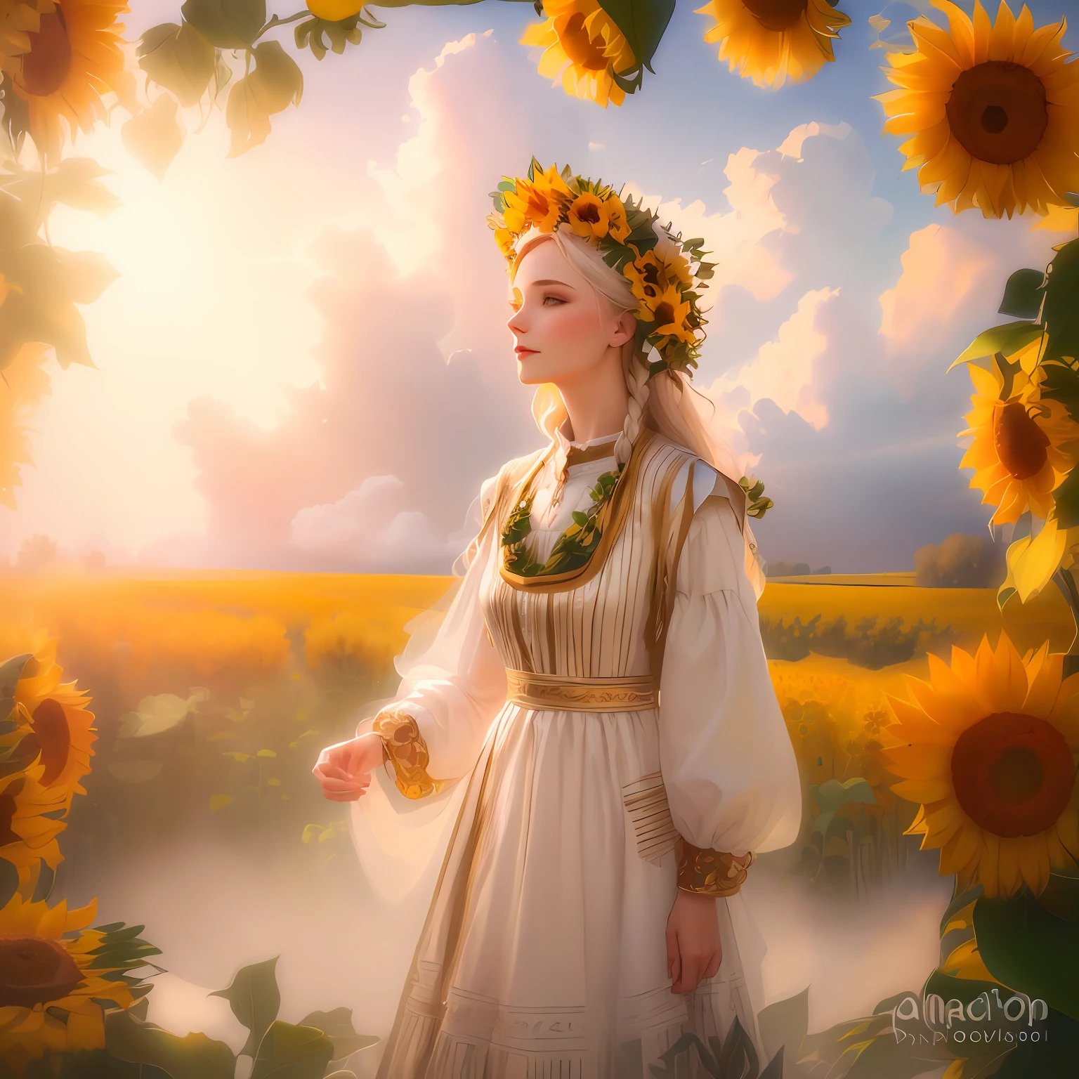 arafed woman in a dress and sunflowers in a field, Ukrainian national costume, ukrainian national clothes, slavic folk fairytale, ukrainian girl, slavic style, inspired by Viktor Vasnetsov, traditional russia, the goddess of autumn harvest, A beautiful maiden, Ukraine. Photography, Anna Nikonova, goddess of summer, Ukraine. professional photograpy