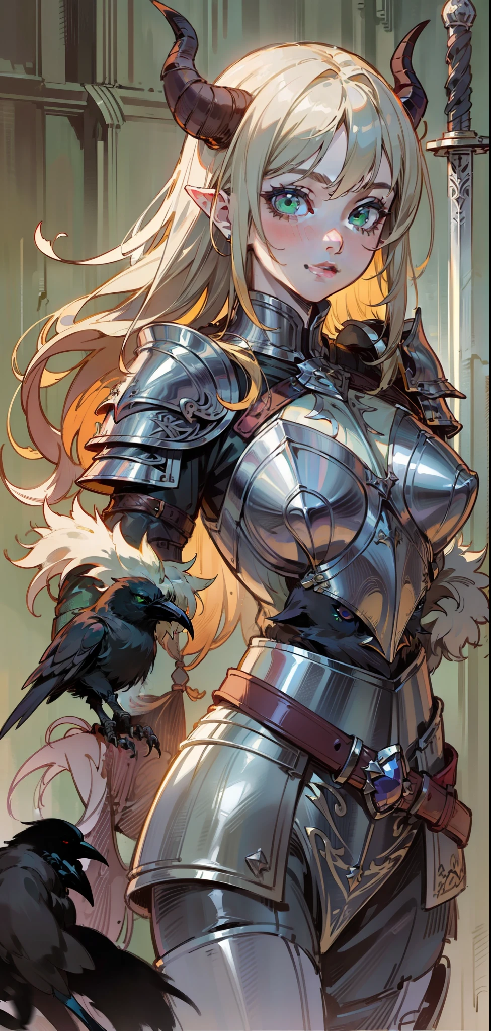 Best quality, masterpiece, ultra high res, (photorealistic:1.4), raw photo, 1girl, offshoulder, in the dark, deep shadow, low key, cold light, green eyes, ((horns)), very long hair, bangs, leather fantasy clothes, demon, big bust, cute face, full body, medieval , (((full body))), silver details, medieval clothes, detailed face, boots, (((magic sword))), shield, belt, bracelets, (((shoulder armor))), elegant, (((furr))), (((crow))), braided hair, silver ornaments, (((perfect face))), blonde hair, masterpiece, long legs