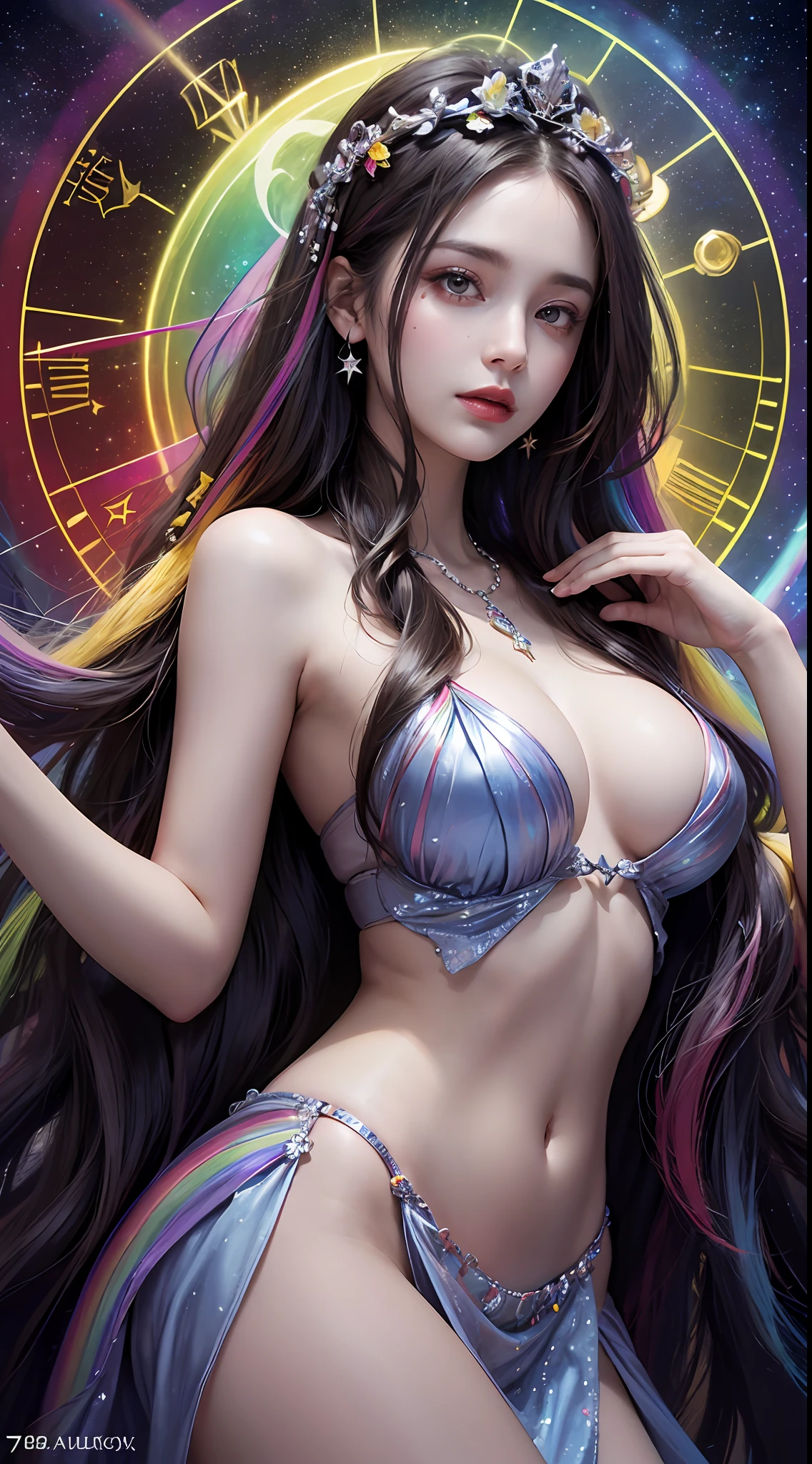 1 27-year-old girl, 1 zodiac goddess from the future, 12 zodiac goddess pink purple, 12 zodiac goddess face sexy thin yellow nightgown, long thin nightgown 12 zodiac many limbs sexy black lace detail, mythical goddess of the 12 zodiacs from the future, zodiac ♏, luxurious glittering zodiac style, dark and mysterious version, zodiac crown, lipstick red lips, thin and pretty lips, don't smile, keep your mouth shut, characters created by karol bak and pino daeni, intricate detail, detailed background, extremely detailed, light magic, a woman, clear face, looking at the upper body of the goddess of the zodiac, round breasts, big and round breasts, phoenix hair brooch, long hair with bangs, (Long hair has 7 colors like rainbow:1.9), beautiful detailed face and well-proportioned eyes, (transparent yellow eyes: 1.8), big round eyes and very beautiful and detailed makeup, visionary, long silk nightgown, mysterious makeup, Bracelets, side bangs and dye pale yellow, upper body, (zodiac goddess upper body: 1.8), drooping arms, Realistic and vivid photo, (stars that make up the zodiac: 1.7), ( sky zodiac and fictitious space and time portal: 1.8), fiction art, RAW photo, hanfu photo, best photo , high_res, best quality, best photo, 8k quality, 8k ultra , surrealism, the most economical real photo, artistic portrait of 12 zodiac signs, 1 symbol of 12 zodiac signs behind, single portrait of 12 zodiac goddess, The most realistic color scheme, best photo color, masterpiece, hair ornament, necklace, jewelry, Beautiful face, upper body, tyndall effect, photo realistic, dark studio, border light, two tone light, (detailed skin) high: 1.2), 8k uhd, dslr, soft light, high quality, volumetric light, candid, Photo, high resolution, 4k quality, 8k, Bokeh, Smooth and sharp, pixel up 10 times, Charming zodiac goddess, sexy zodiac goddess, (background space: 1.8), (galaxy: 1.7), aurora, lightning, (Aurora Background: 1.8) <lora:locon_perfecteyes_v1_from_v1_, beautiful goddess and flowers,