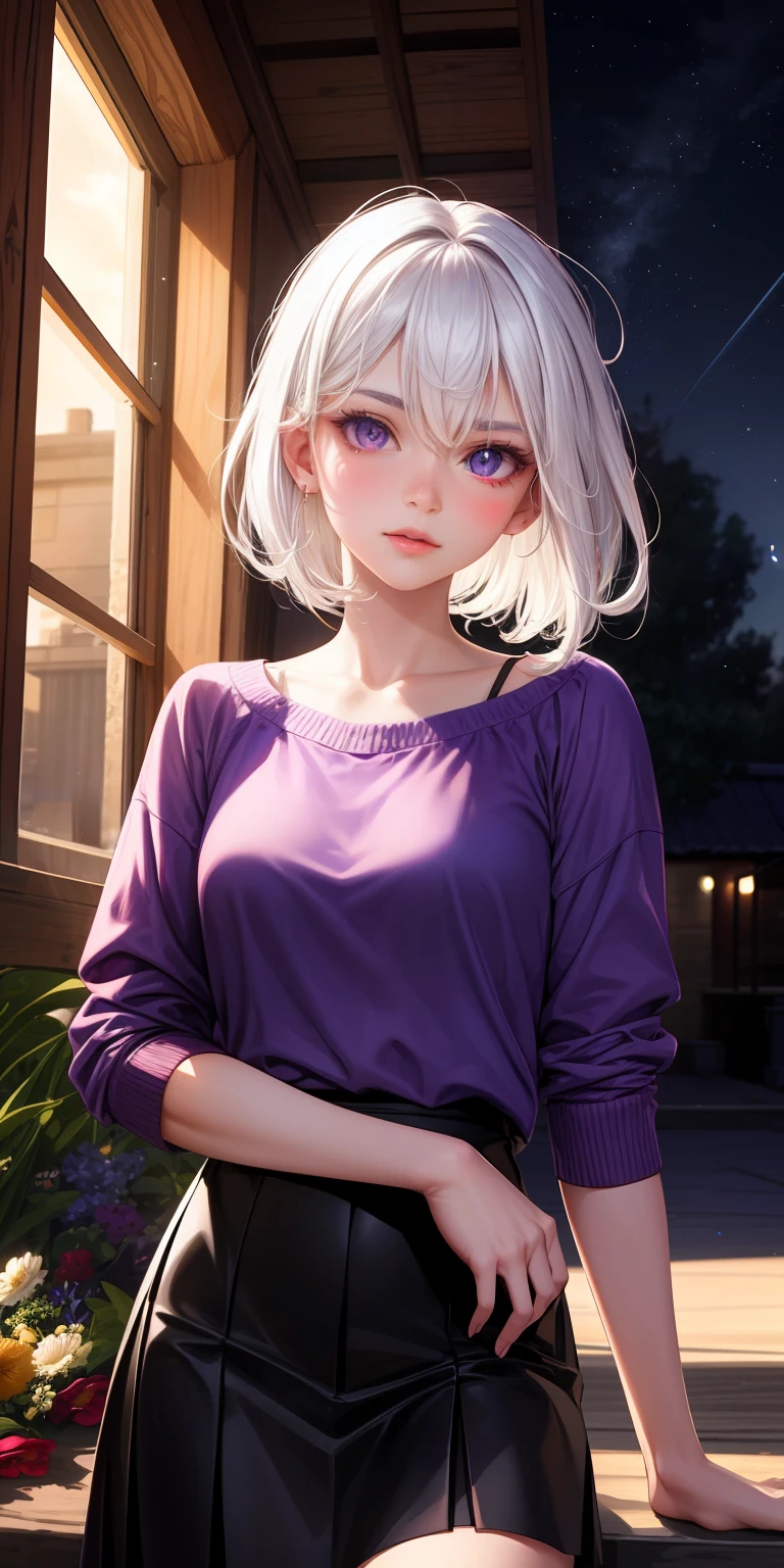 realisticlying，1girl，White hair，Purple eye，gloweyes，Cut the top，Flesh-colored skirt，Parting lips，Be red in the face，the night，fresh flowers，suns，sun beam，