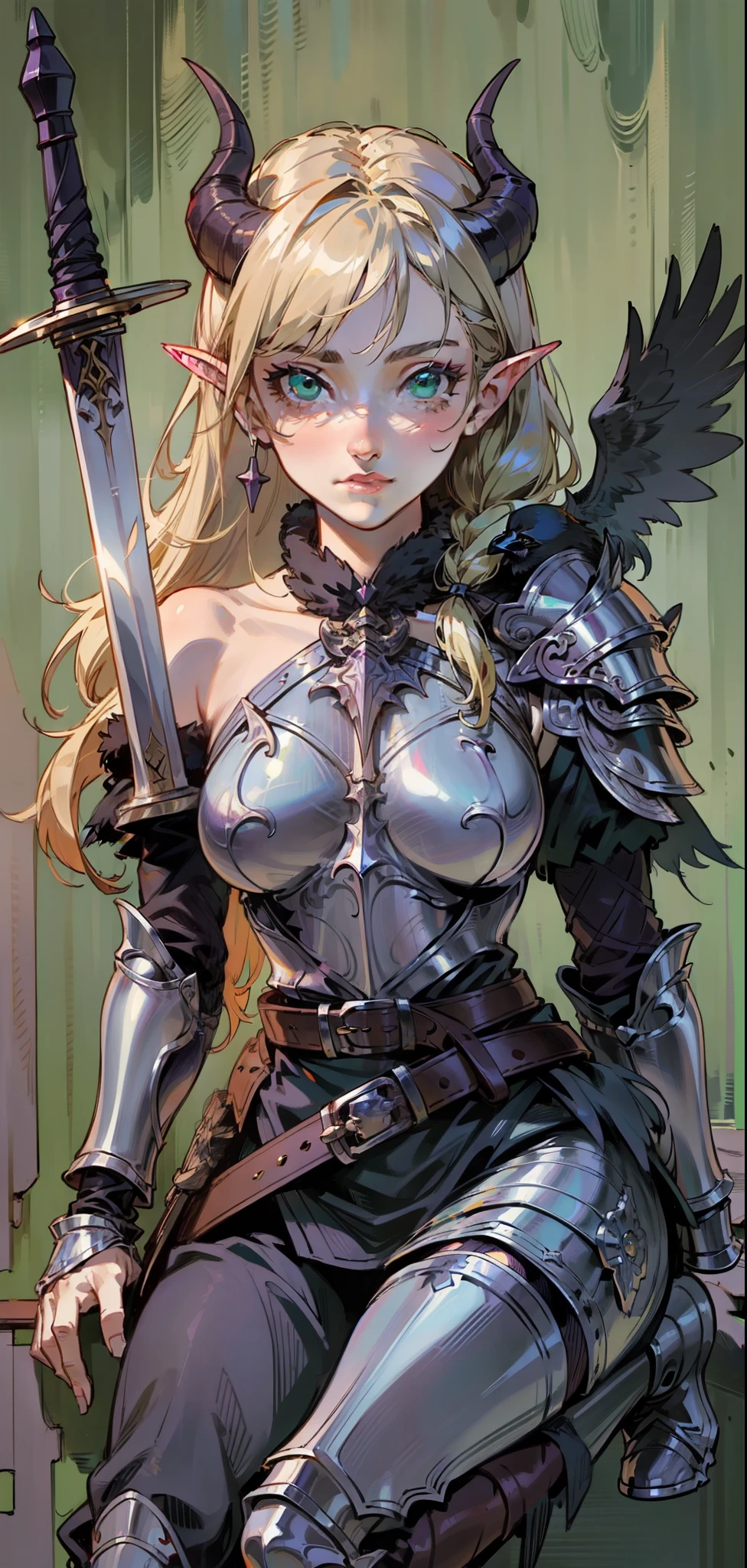 Best quality, masterpiece, ultra high res, (photorealistic:1.4), raw photo, 1girl, offshoulder, in the dark, deep shadow, low key, cold light, green eyes, ((horns)), very long hair, bangs, leather fantasy clothes, demon, big bust, cute face, full body, medieval , (((full body))), silver details, medieval clothes, detailed face, boots, (((magic sword))), shield, belt, bracelets, (((shoulder armor))), elegant, (((furr))), (((crow))), braided hair, silver ornaments, (((perfect face))), blonde hair, masterpiece, long legs