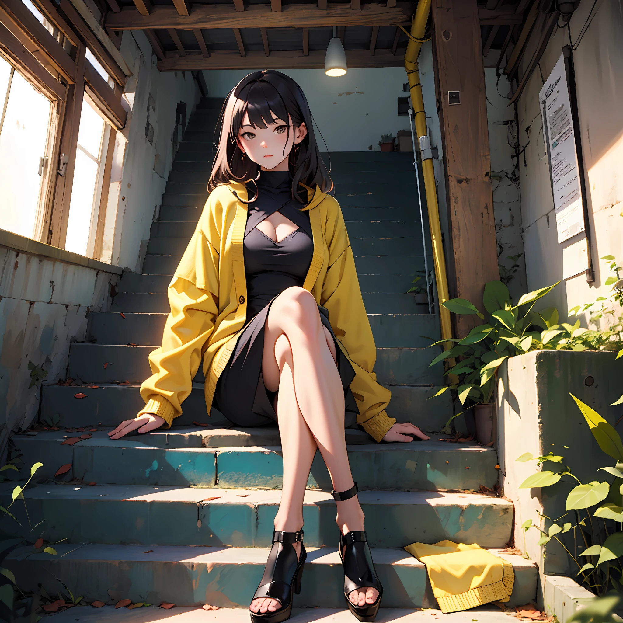 шедевр、Top image quality、1人の女性、Beautiful woman sitting on the stairs、legs slightly open、tetas grandes、Yellow cardigan、Female proportions considered everywhere。