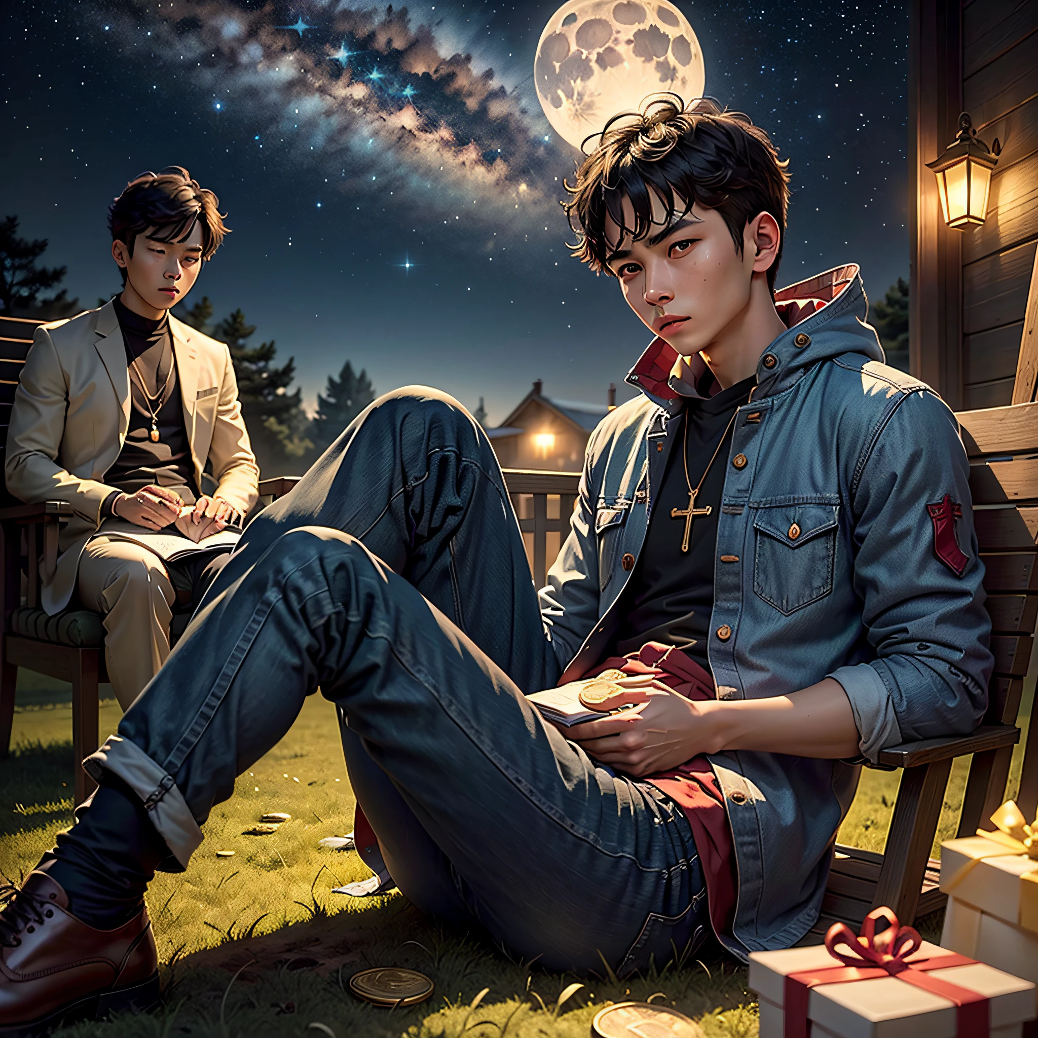 A boy with a black head，Sit cross-legged in the grass，Novel in hand，Starry skies at night，The moon is behind you，Next to it was a gift bag ajar，A pile of large gold coins was revealed inside，Next to it is a large calendar。