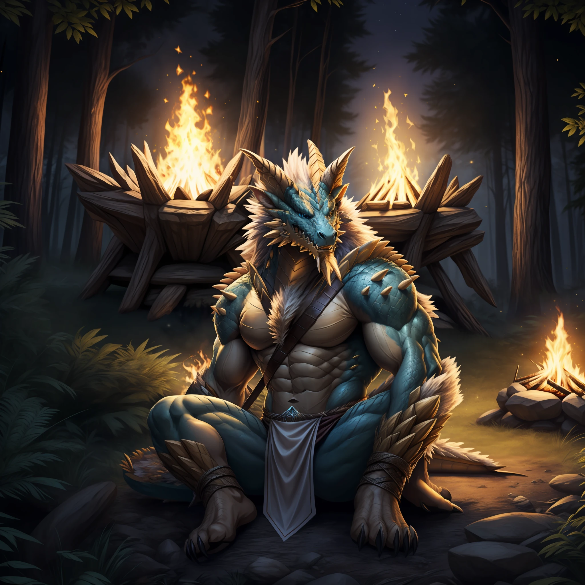 hexagons，zinogre，A male human dragon，Blue skin，Loincloth，sitted，macadam，bonfires，musculature，Looks happy，a backdrop of：Dark forest，（digitgrade，toe claws），fire glow，As estrelas，4K level HD