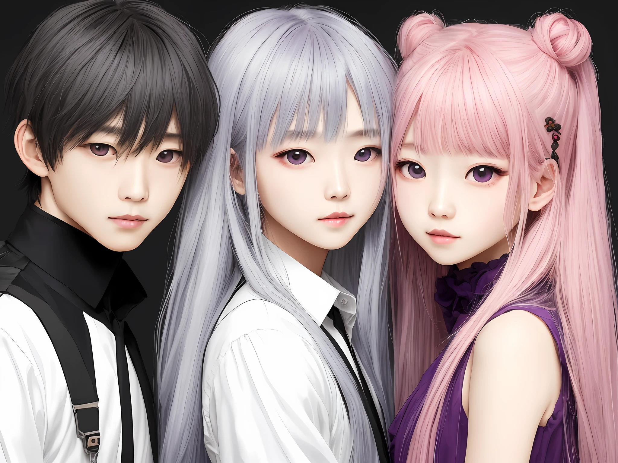 Double couple QQ version big head，Lovely and simple，Boy gray hair and purple eyes，Girl with long pink hair