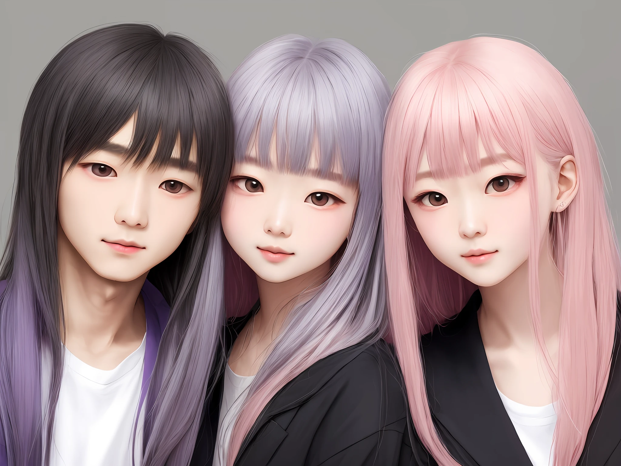 Double couple QQ version big head，Lovely and simple，Boy gray hair and purple eyes，Girl with long pink hair