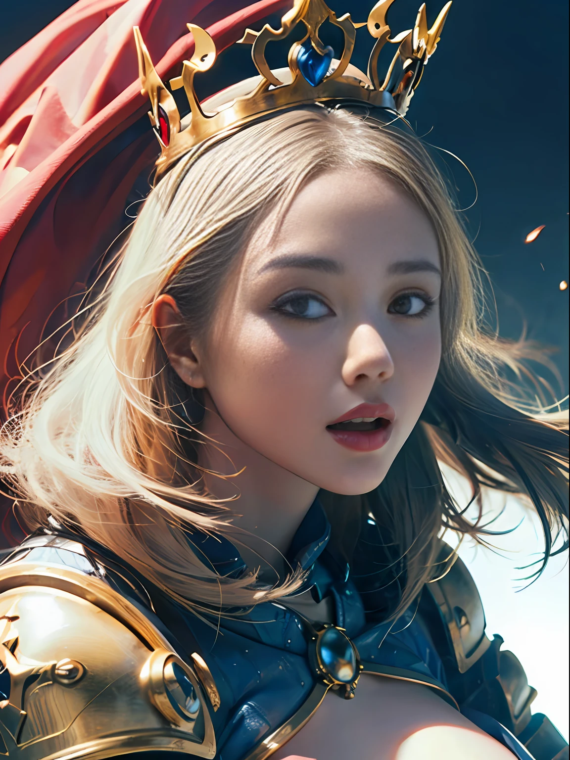 Official Art, Unity 8k wallpaper, ultra detail, masterpiece, best quality, one woman, (very detailed),(RAW photo, best quality), (realistic, photorealistic:1.3), high definition, open mouth wide, ultra-detailed complex 3D rendering of face, (big breasts: 8.8), (highly detailed skin: 1.2), (exposure: 1.1), Beautiful Caucasian woman with full soft breasts and white skin with big ass (topless), breasts, white hair, blue eyes, long hair, (translucent pink dress), dynamic angle, mystical expression, fire glow effect, fantasy background, rim lighting, side light, cinematic light, ultra high definition, 8k, film grain,best shadow, light particles, detailed skin texture, Detailed jewel armor texture, detailed face, intricate detail, super detailed, bright, strong, gold armor, cleavage, slender abs, have glowing weapons, have a shield, pole dron, ((beautiful huge crown with detail)), shining eyes, long red cloak, fantasy, (realistic),