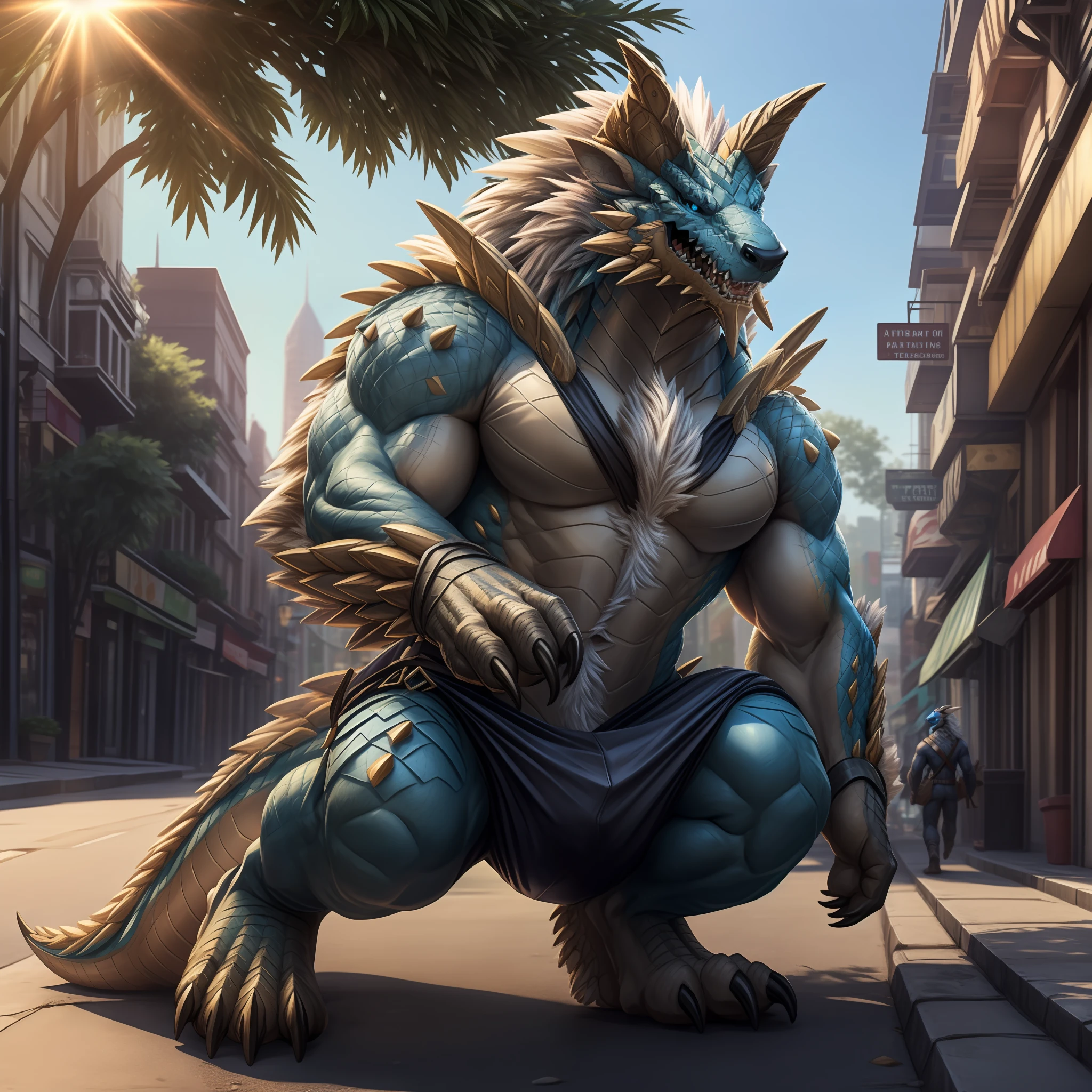 hexagons，zinogre，A male dragon，Blue skin，Blue Short，The is erect，Big bag，implied，musculature，Looks happy，a backdrop of：Bright streets，，（digitgrade，toe claws），sun beam，4K level HD