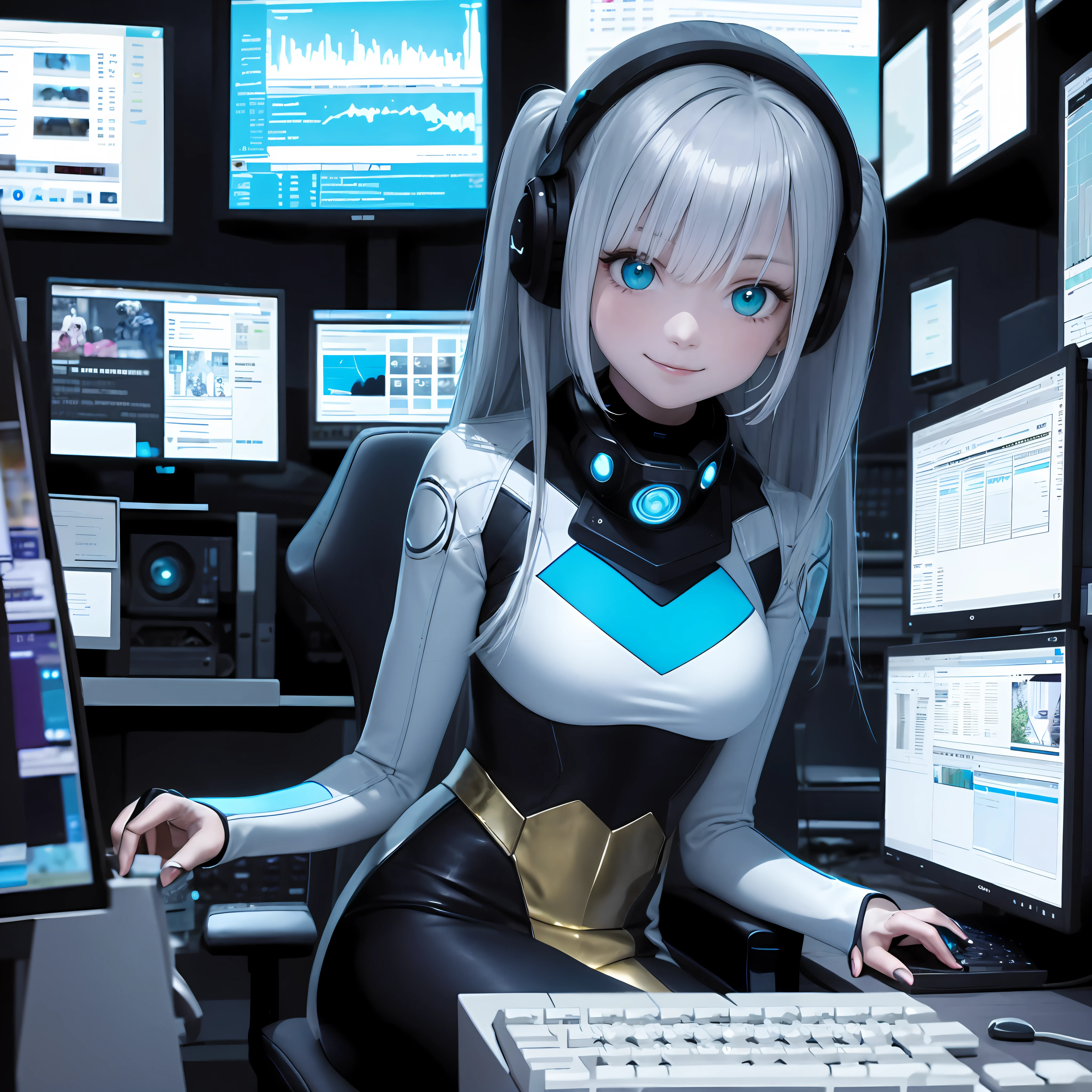 beste-Qualit、шедевр、A white-haired、Gold Eye、Black clothing、A smile、Upper body body、Hair strands、light-skinned、Side braid、(((Figure)))、Interior design with a cypherpunk atmosphere: Close-up of computer desk with holographic screen and floating6 monitors and keyboard, Blue and cyan lighting, Trade Room,View charts on your computer monitor、(((Beautiful girl sitting on a chair in front of a monitor)))