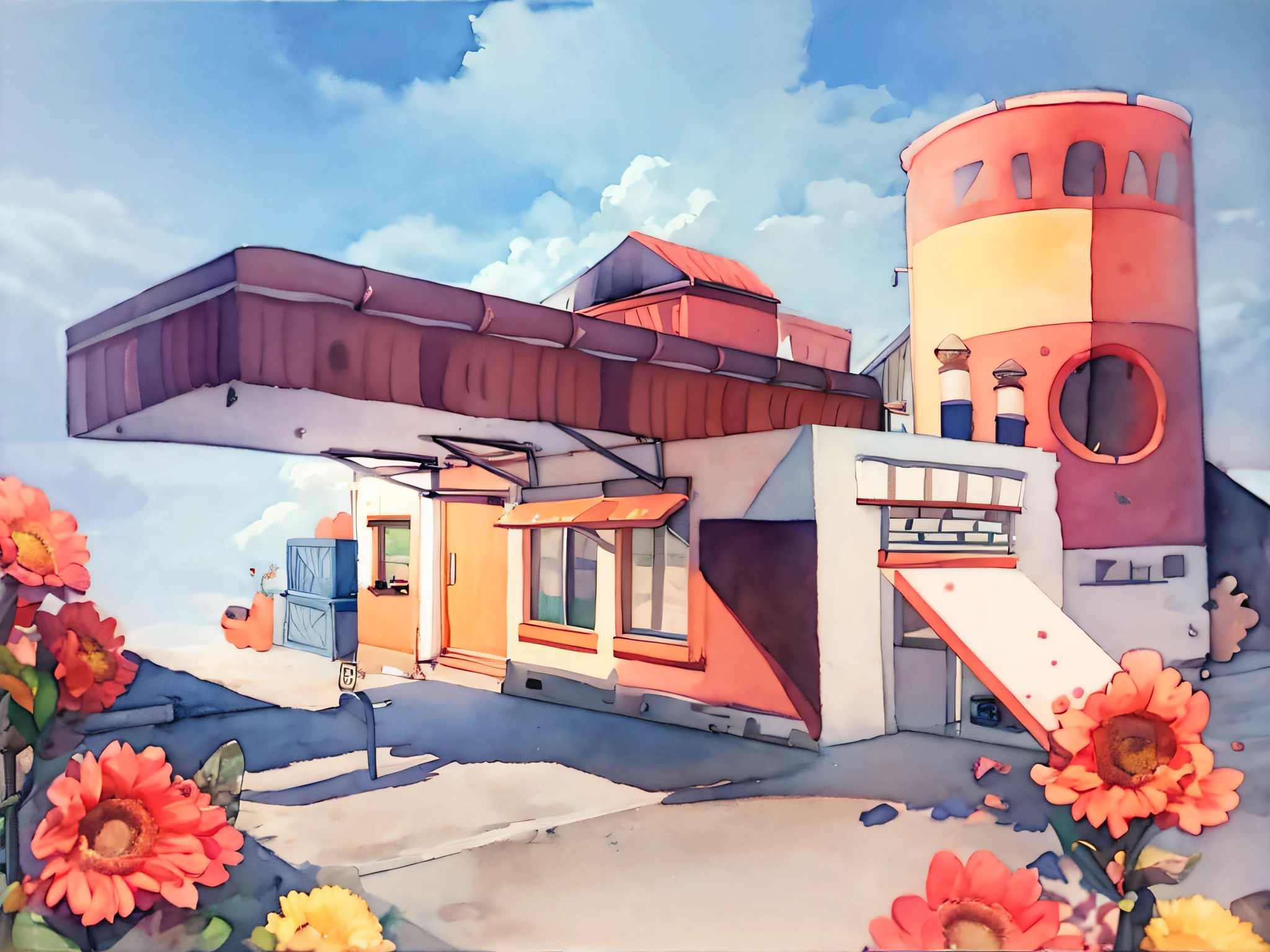 Town，Watercolor style，There is light and dark，Bright colors