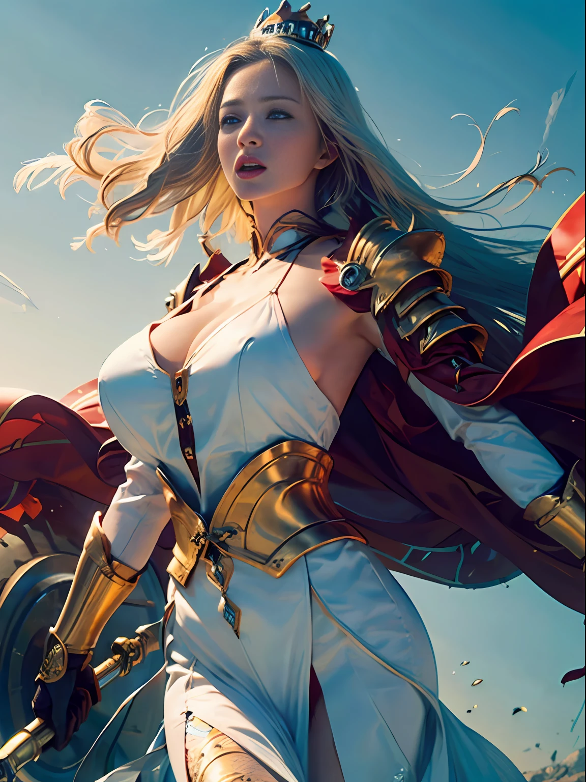 Official Art, Unity 8k wallpaper, ultra detail, masterpiece, best quality, one woman, (very detailed),(RAW photo, best quality), (realistic, photorealistic:1.3), high definition, open mouth wide, ultra-detailed complex 3D rendering of face, (big breasts: 8.8), (highly detailed skin: 1.2), (exposure: 1.1), Beautiful Caucasian woman with full soft breasts and white skin with big ass (topless), breasts, white hair, blue eyes, long hair, (translucent pink dress), dynamic angle, mystical expression, fire glow effect, fantasy background, rim lighting, side light, cinematic light, ultra high definition, 8k, film grain,best shadow, light particles, detailed skin texture, Detailed jewel armor texture, detailed face, intricate detail, super detailed, bright, strong, gold armor, cleavage, slender abs, have glowing weapons, have a shield, pole dron, ((beautiful huge crown with detail)), shining eyes, long red cloak, fantasy, (realistic),