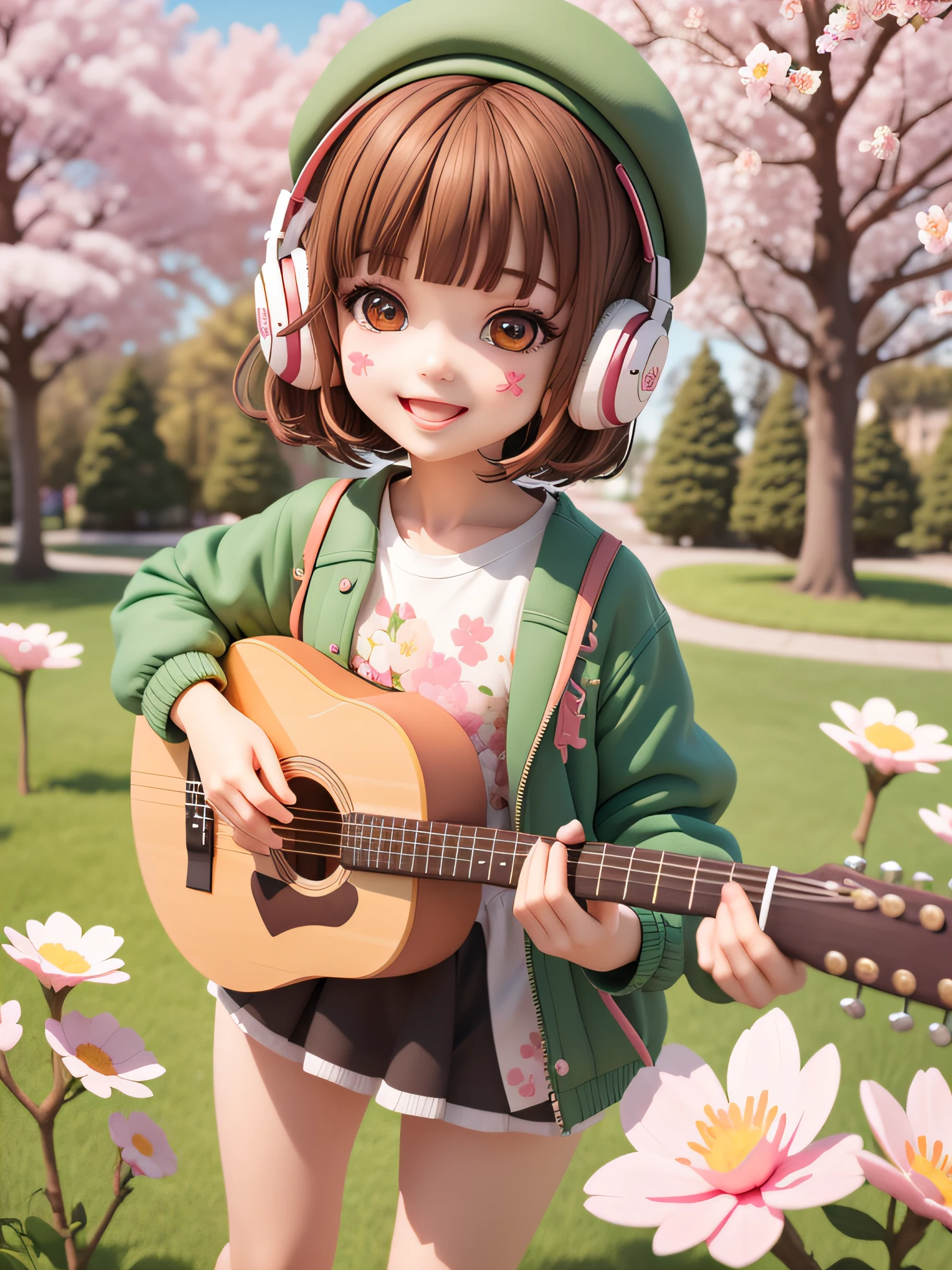 (masterpiece),(best quality),(ultra-detailed), (full body:1.2), 1girl,chibi,cute, smile, open mouth, flower, outdoors, playing guitar, music, beret, holding guitar, jacket, blush, tree, :3, shirt, short hair, cherry blossoms, green headwear, blurry, brown hair, blush stickers, long sleeves, bangs, headphones, black hair, pink flower, (beautiful detailed face), (beautiful detailed eyes),