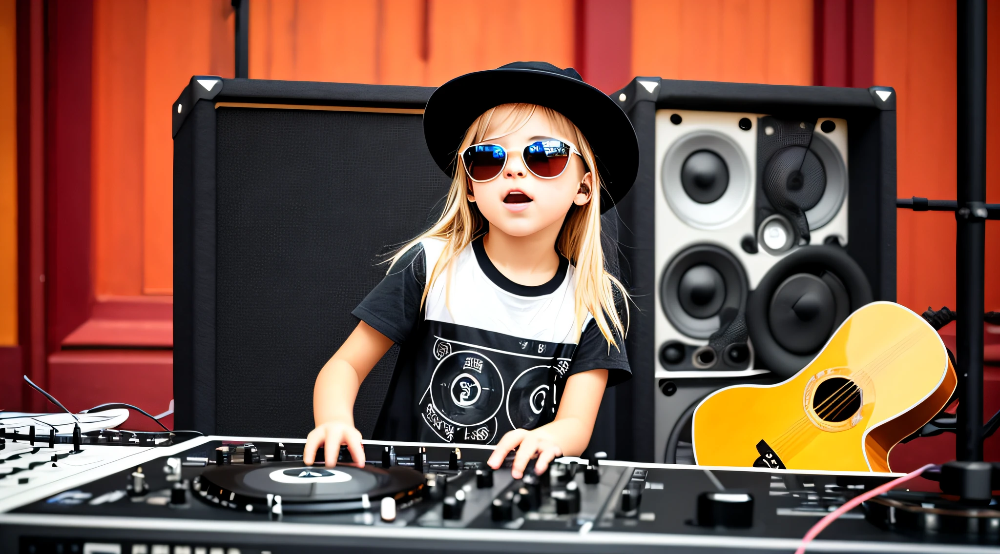  BLONDE CHILD LONG HAIR WEARING A HAT , Holding a boombox and pointing with your hand, Boombox, The Music Guy, blaster do gueto, em um fundo AMARELO, playing for music, em fundo AMARELO, DJ, imagem de muito baixa qualidade, red sunglasses and a guitar, Grande Gueto Blaster, com fones de ouvido, music is life, new music, vibrating with the music