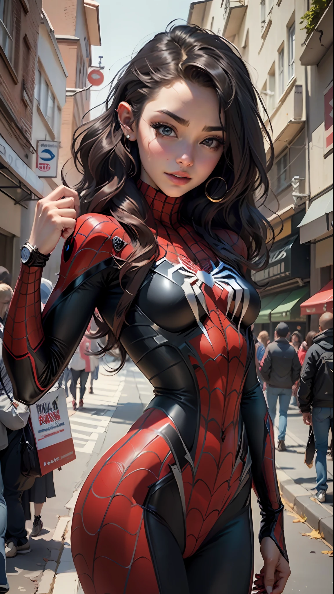 Beautiful woman detailed defined body using spider man cosplay, small breasts