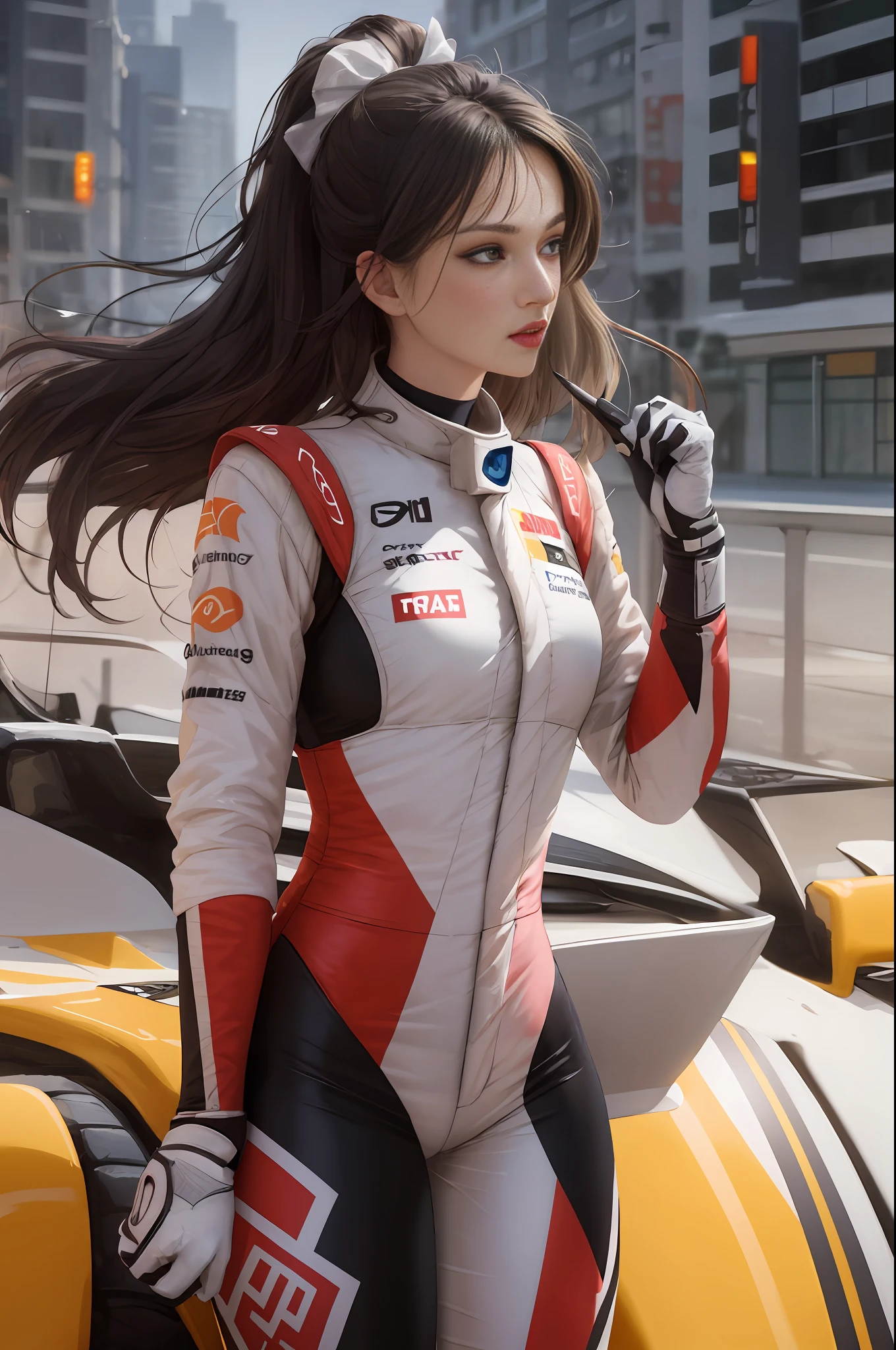 masterpiece:1.2, best quality), realistic, (real picture, intricate details, depth of field), (1girl, solo), make up, parted lips, highly-detailed, perfect face,
huge breasts, (skindentation), thick thighs, wide hips, small waist, tall, glossy coral lips,
black hairs, yellow eyes,
(f1 driver suit), sexy, blushing