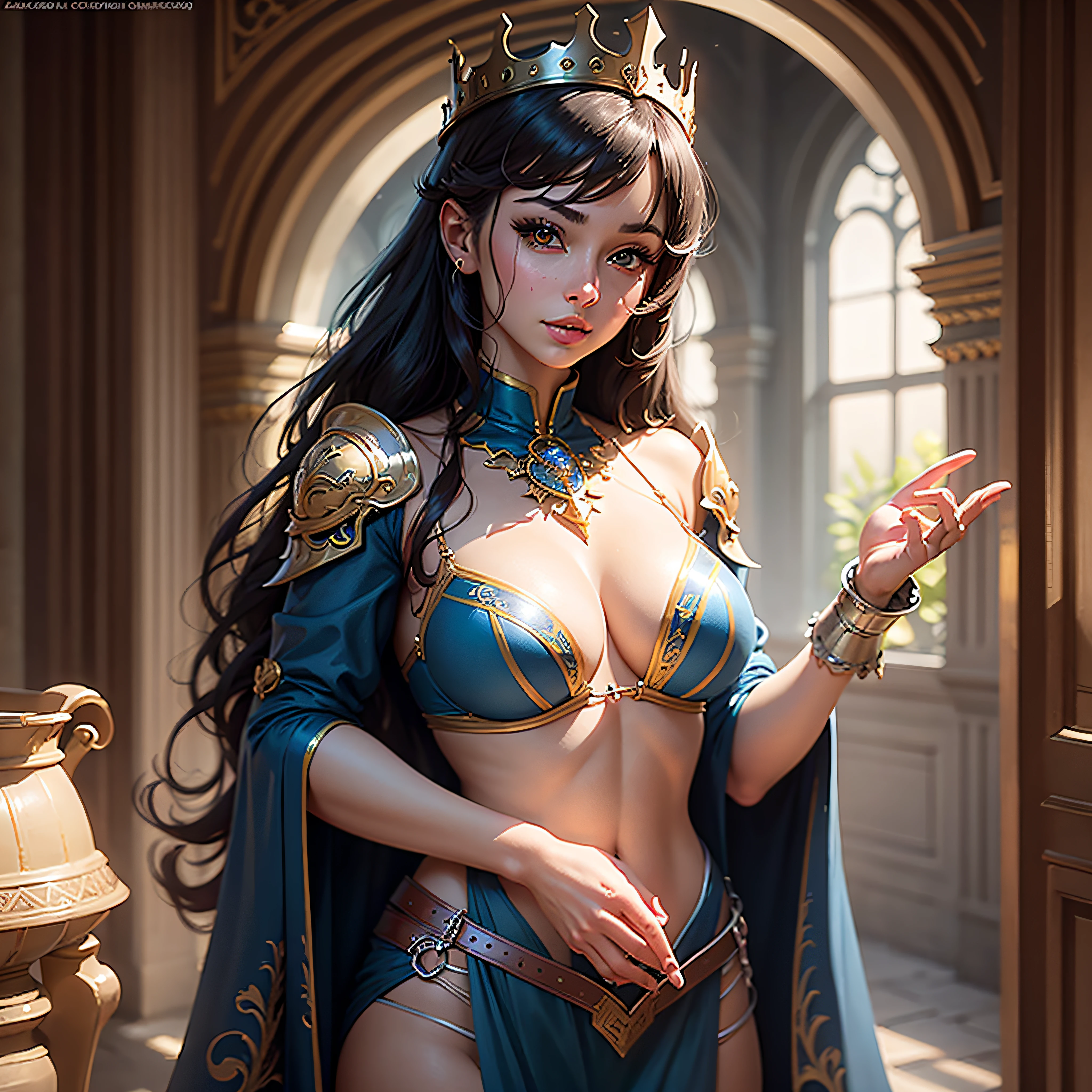 a close up of a woman in a blue bikini and a tiable, ornate cosplay, fantasy outfit, wearing fantasy clothing, ross tran 8 k, glamourous cosplay, a beautiful fantasy empress, seductive anime girl, beautiful alluring anime woman, fantasy art style, elegant glamourous cosplay, knights of zodiac girl, fantasy character, portrait knights of zodiac girl