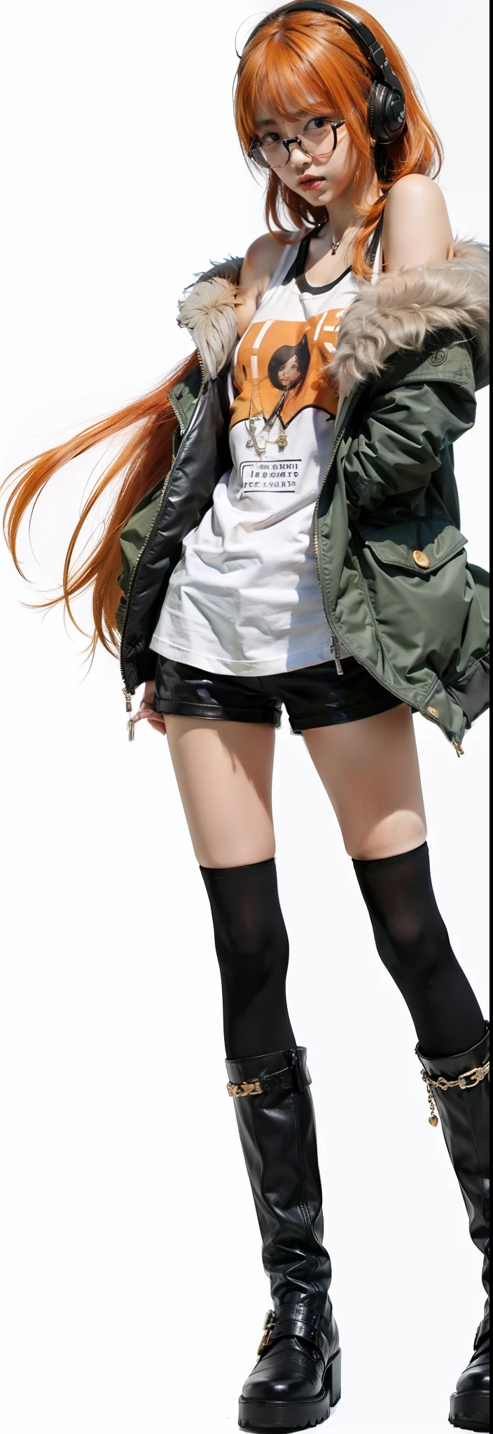 Black tank top、orange color hair、Long、Bangs、black frame glasses、white  shirt、Green flight jacket、head phone、Black Hot Pants、Black knee socks、Black Engineer Boots