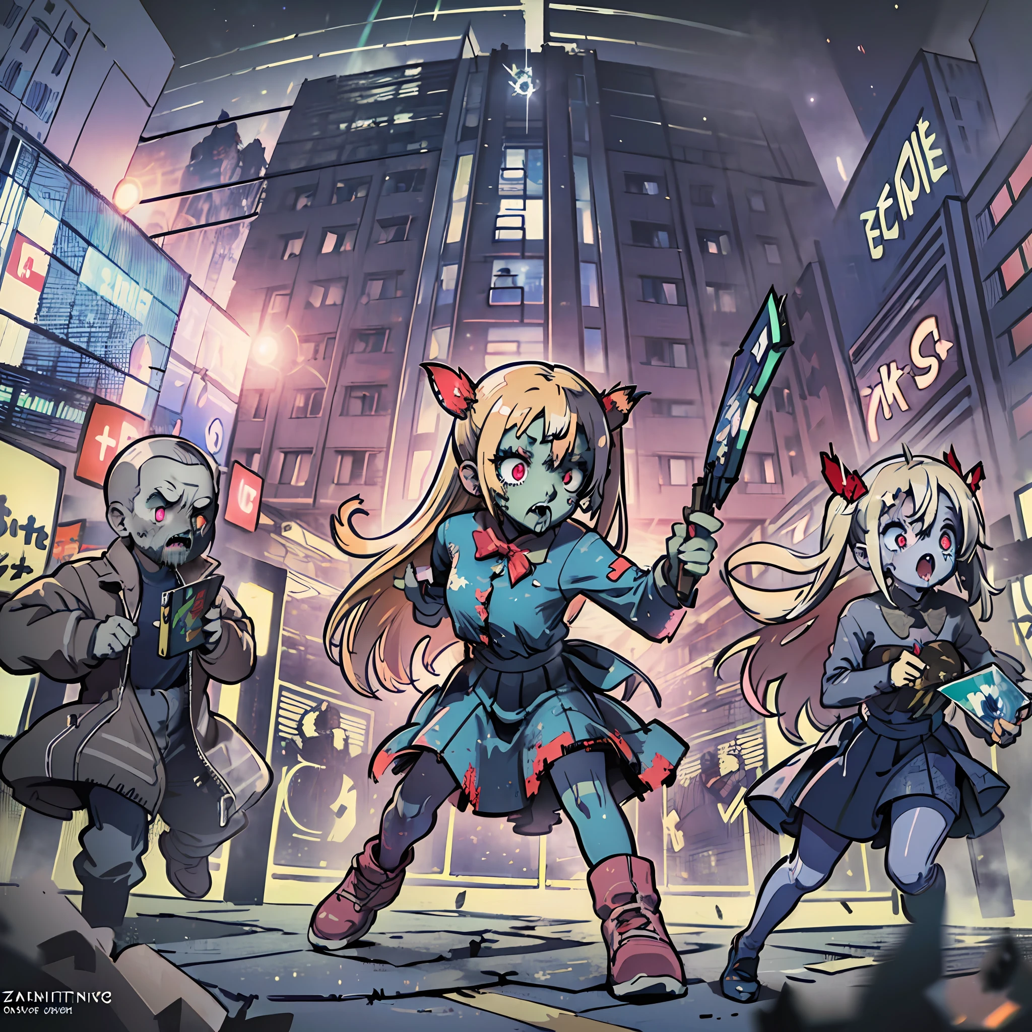 (award winning 8k concept art:1.3) of (three young woman attacking the viewer, open mouth, many zombies, crowd:1.3), extremely detailed background, biting, giant zombie chibi in the background, darkness, flash, close to camera, sweet, front, epic, (masterpiece:1.4), (best quality:1.4), Amazing, beautiful, finely detailed, (Depth of field:1.4), 8k, fine art, stunning, (light reflections:1), (crisp:1.6), red twin tails, vibrant, (edge detection:1.4), absurdres, impressive, 120mm, clear, lens flare, wide shot, wide angle, scenery