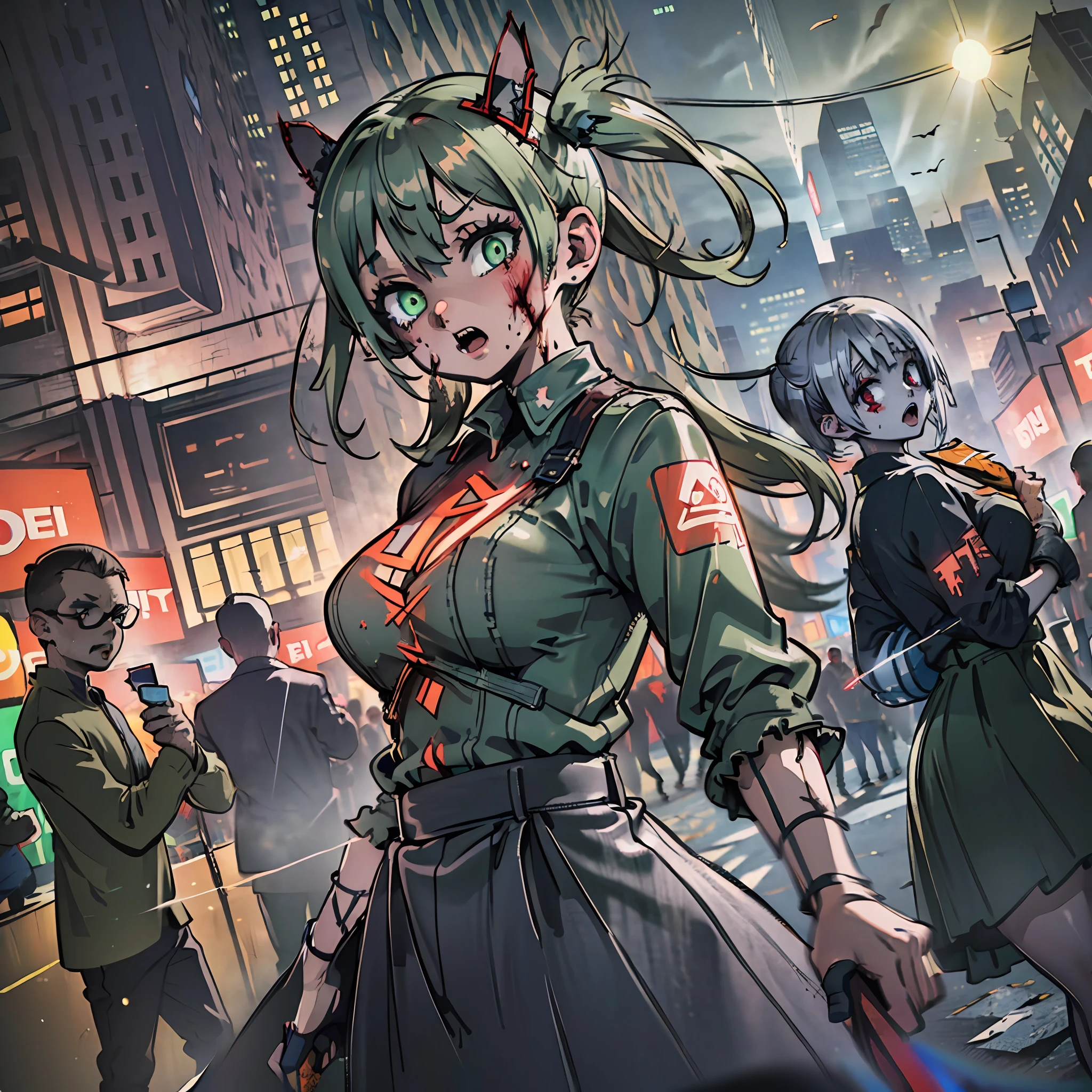 (award winning 8k concept art:1.3) of (three young woman attacking the viewer, open mouth, many zombies, crowd:1.3), extremely detailed background, biting, giant zombie chibi in the background, darkness, flash, close to camera, sweet, front, epic, (masterpiece:1.4), (best quality:1.4), Amazing, beautiful, finely detailed, (Depth of field:1.4), 8k, fine art, stunning, (light reflections:1), (crisp:1.6), red twin tails, vibrant, (edge detection:1.4), absurdres, impressive, 120mm, clear, lens flare, wide shot, wide angle, scenery