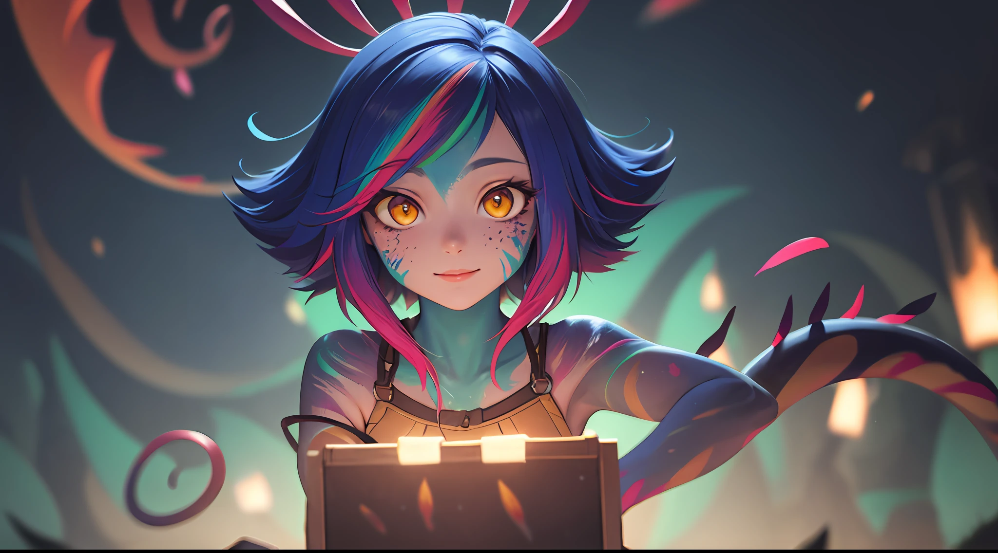 ((masterpiece,best quality, detailed)), 1girl, solo, medow, milky way, depth of field, glowing body,(grin:0.8), looking at viewer,  night, starry sky, neeko,gradient hair, multicolored hair, streaked hair, print hair, looking at viewer,multicolored eyes, paint, paint on body, paint on clothes, paint on face, paint splatter, multicolored background, colorful,