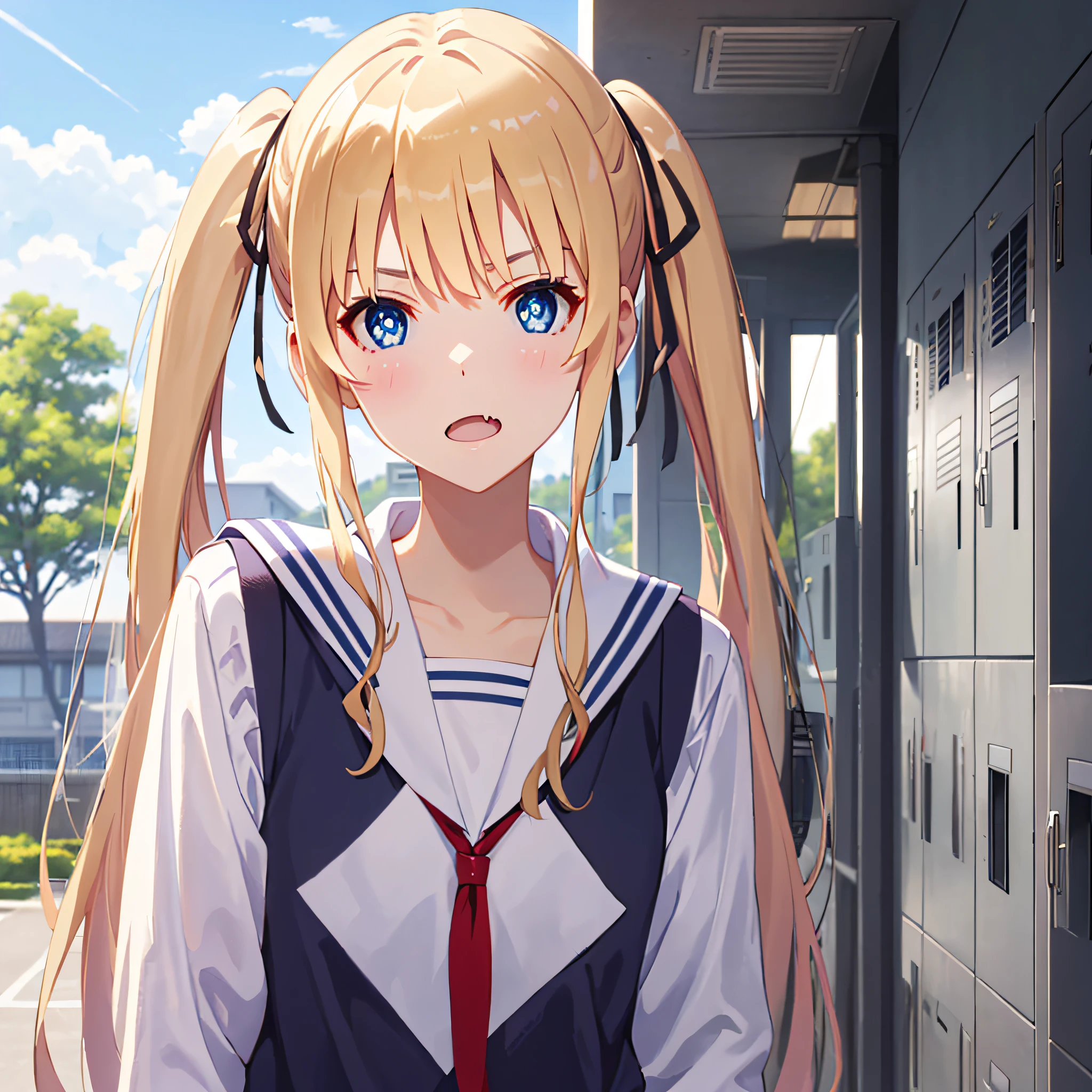 ph_eriri, sawamura spencer eriri, 1girl, blonde hair, blue eyes, school uniform, twintails, solo, fang, long hair, open mouth, hair ribbon, locker, anime coloring, parody, serafuku, blush, bangs, sweater vest, black ribbon, cloudy sky, sky, trees, (masterpiece:1.6, best quality), (finely detailed beautiful eyes: 1.2), 
, (masterpiece:1.6, best quality), (finely detailed beautiful eyes: 1.2),